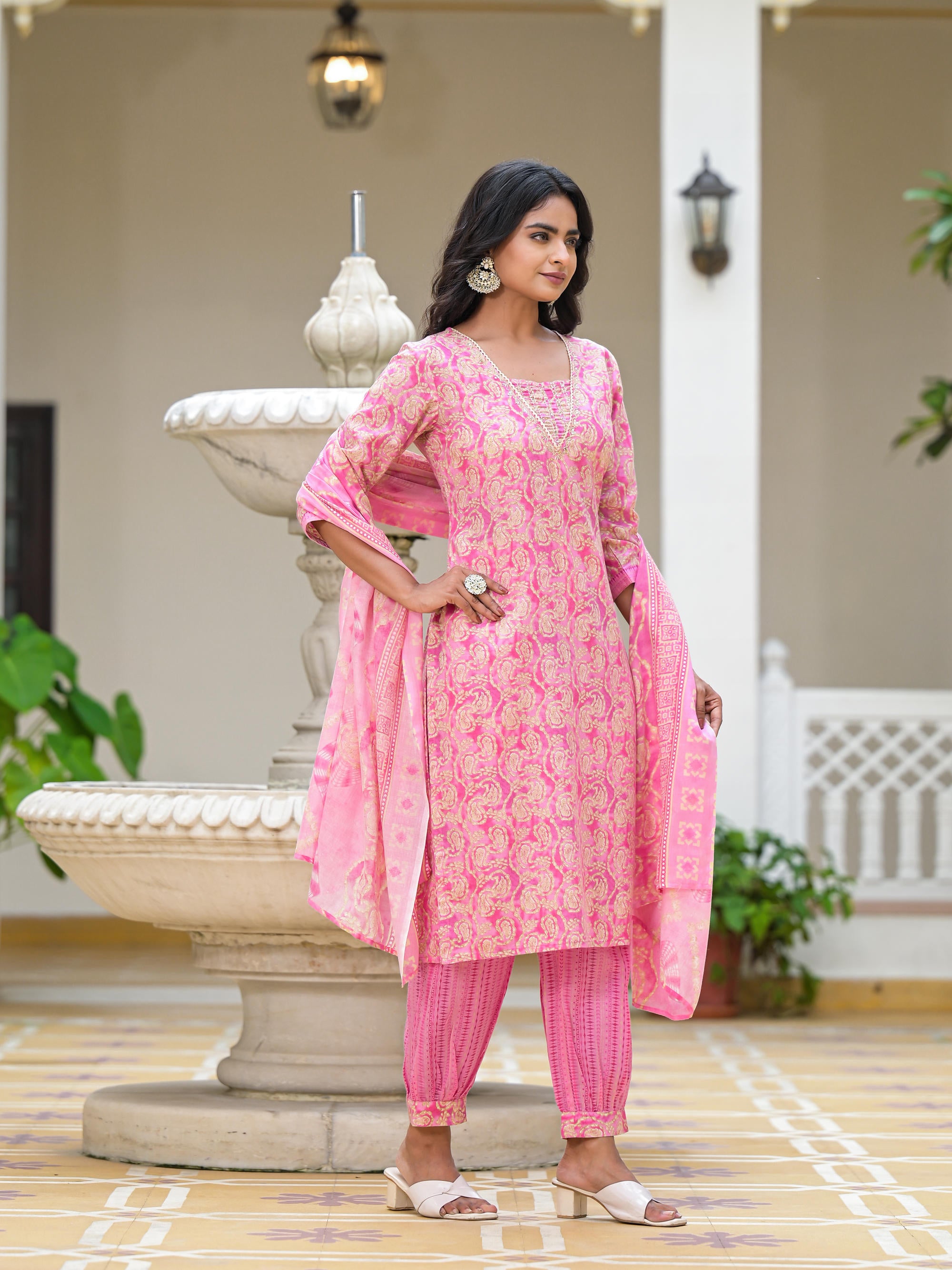 Pink Ethnic Motif Printed Cotton Kurta Pant With Dupatta Set With Sequins & Lace