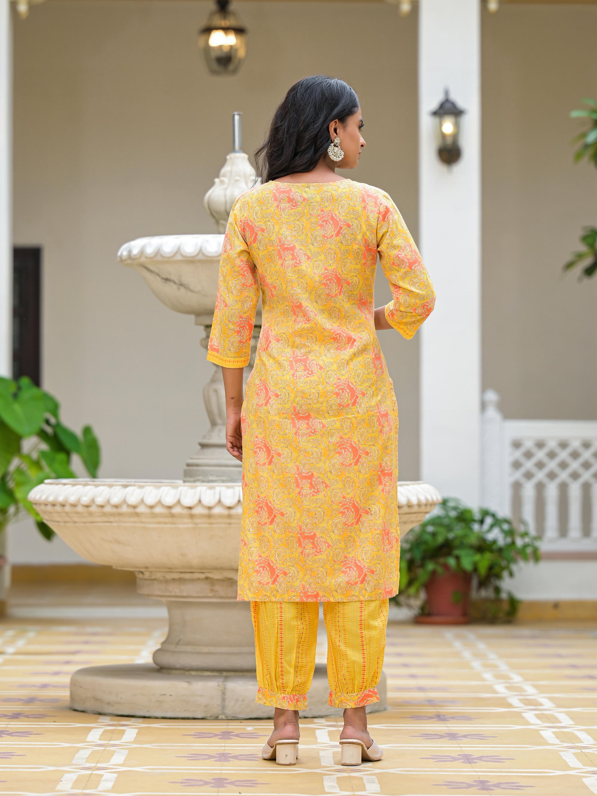 Yellow Ethnic Motif Printed Cotton Kurta Pant With Dupatta Set With Sequins & Lace