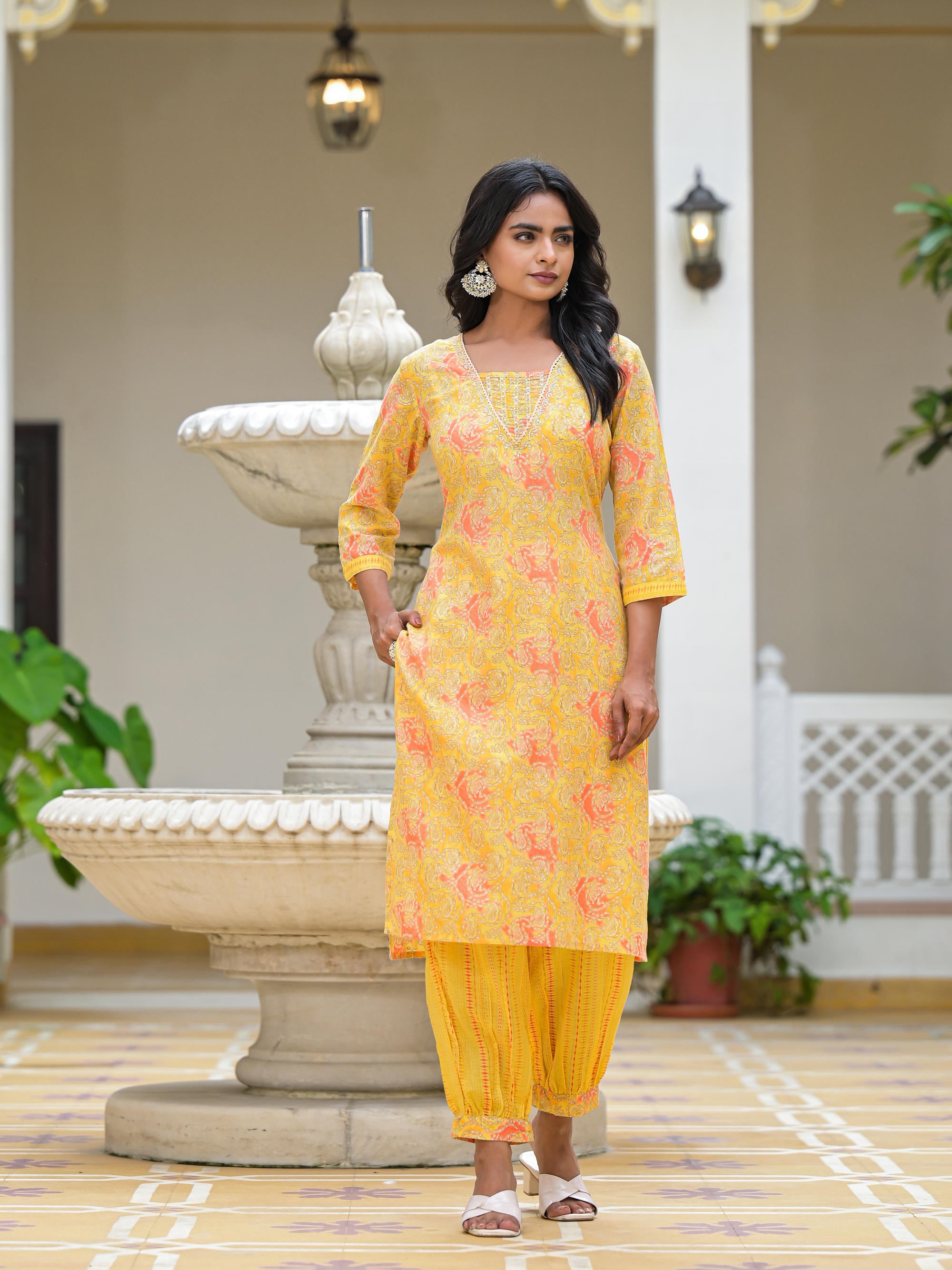 Yellow Ethnic Motif Printed Cotton Kurta Pant With Dupatta Set With Sequins & Lace