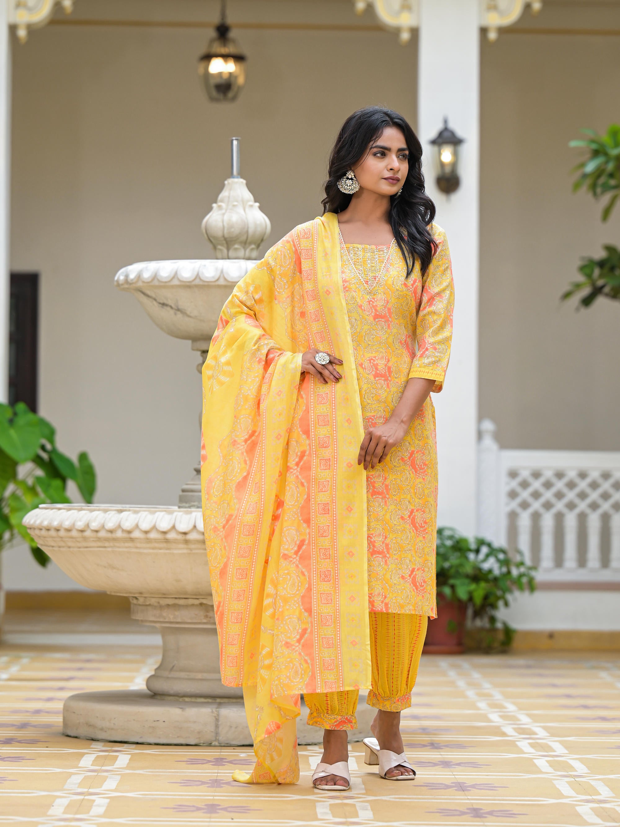 Yellow Ethnic Motif Printed Cotton Kurta Pant With Dupatta Set With Sequins & Lace