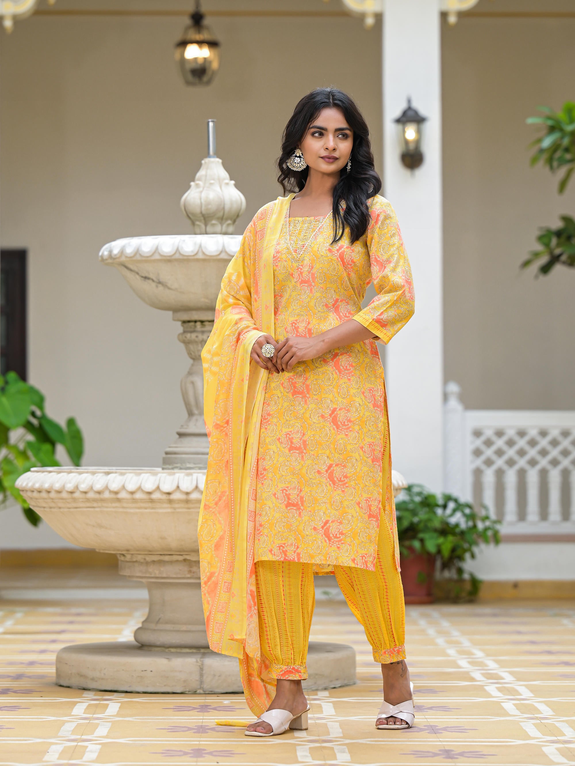 Yellow Ethnic Motif Printed Cotton Kurta Pant With Dupatta Set With Sequins & Lace