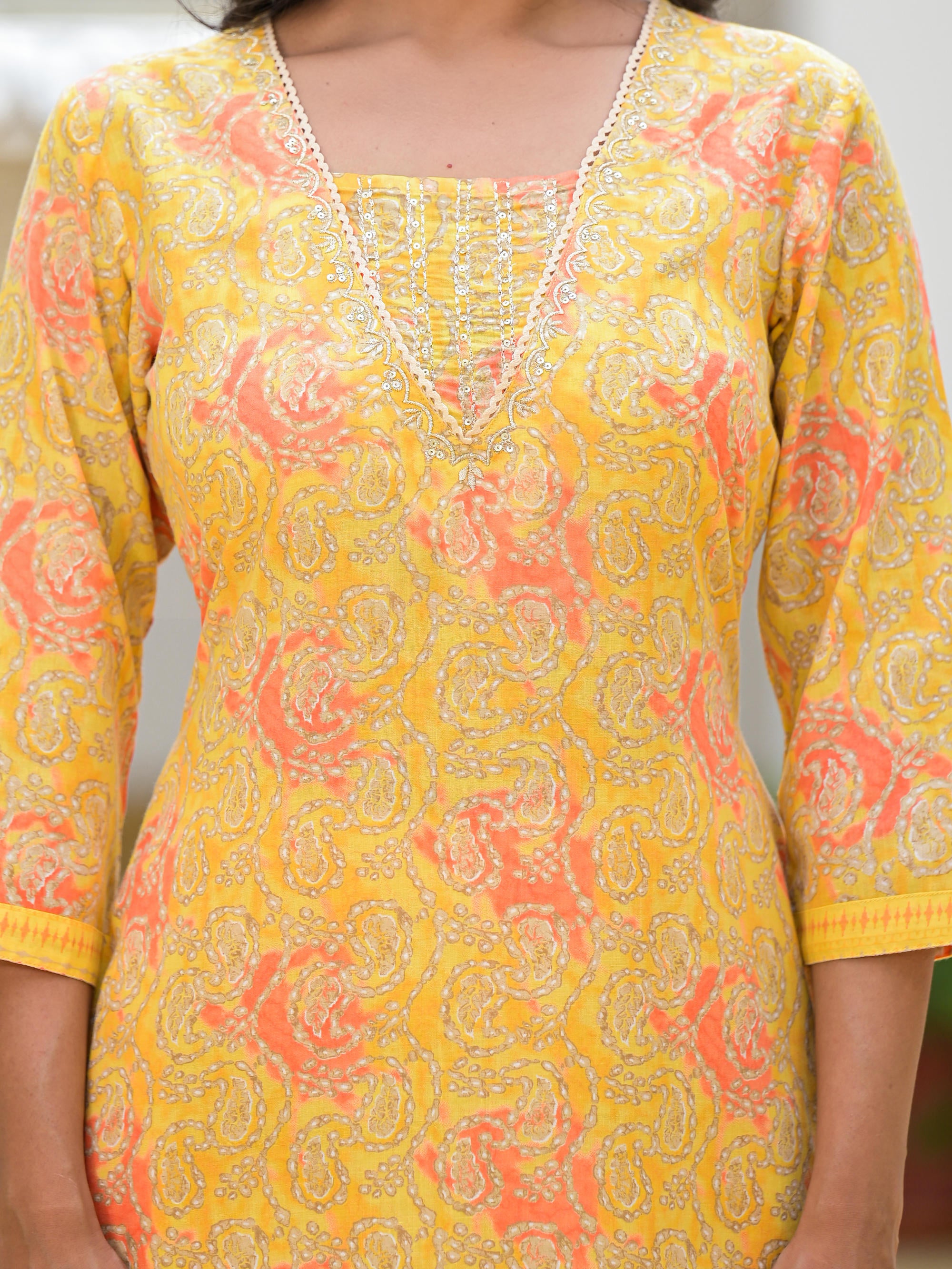 Yellow Ethnic Motif Printed Cotton Kurta Pant With Dupatta Set With Sequins & Lace