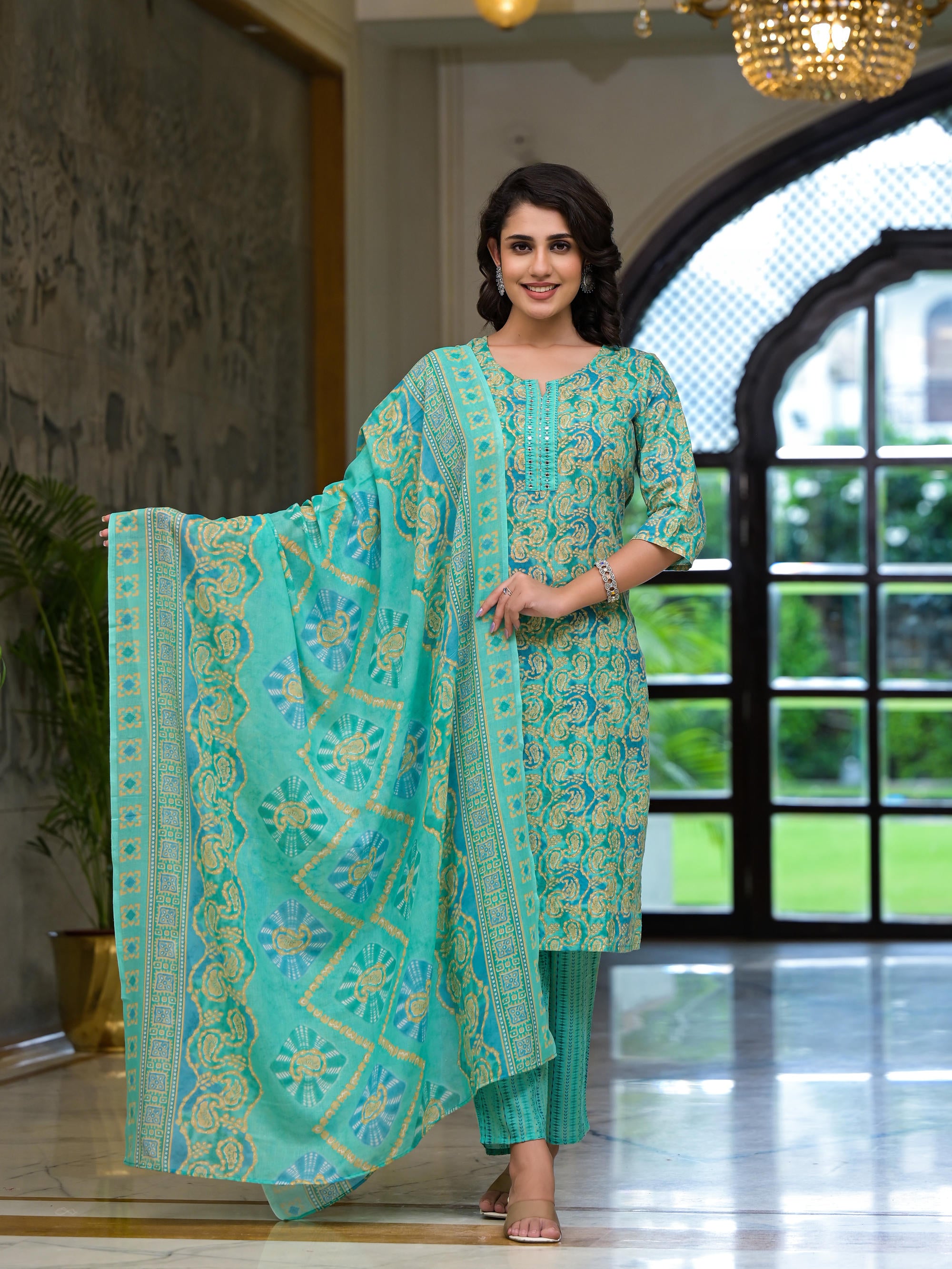 Green Ethnic Motif Printed Cotton Kurta Set With Mirror Work & Sequins