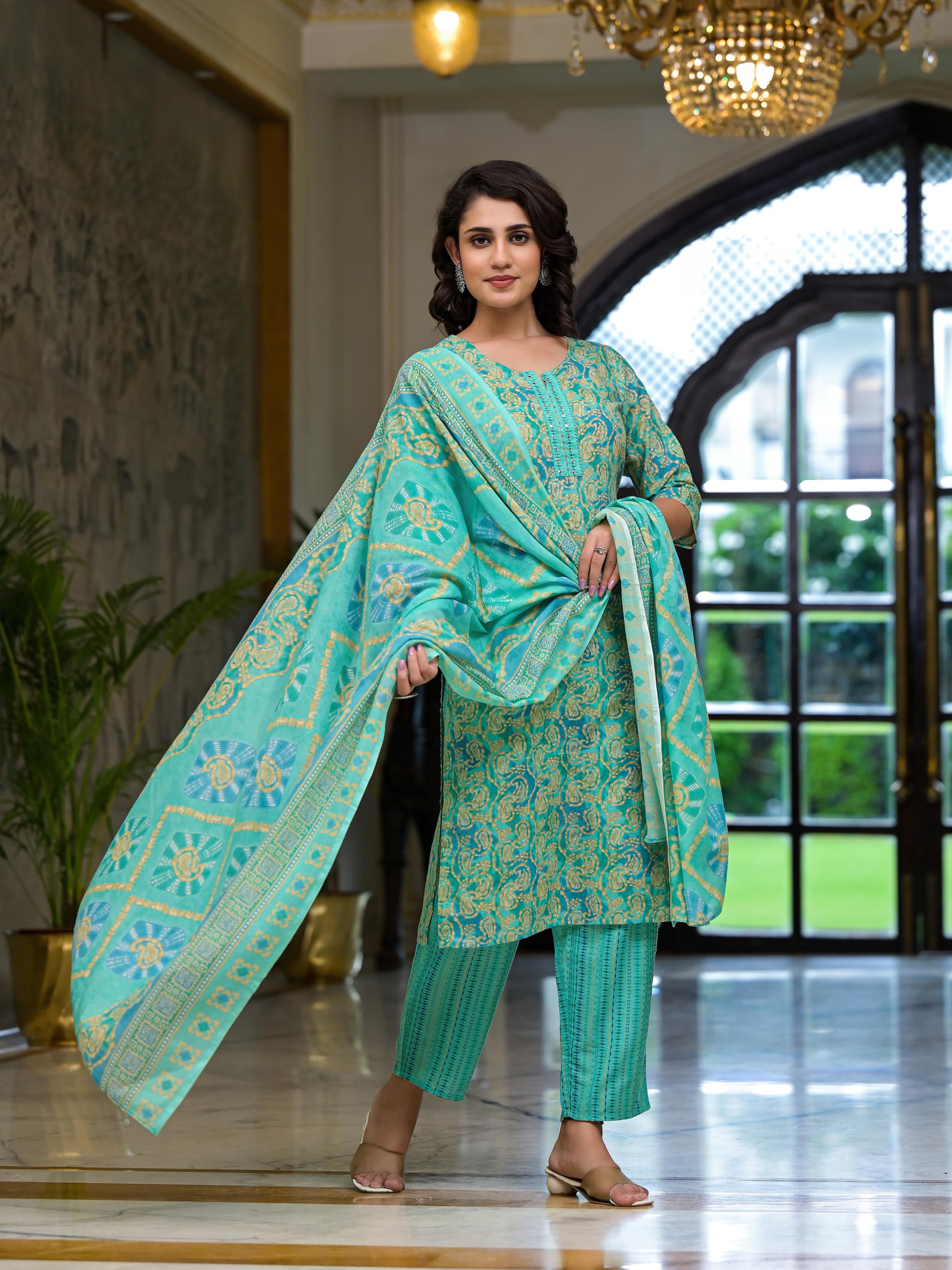 Green Ethnic Motif Printed Cotton Kurta Set With Mirror Work & Sequins