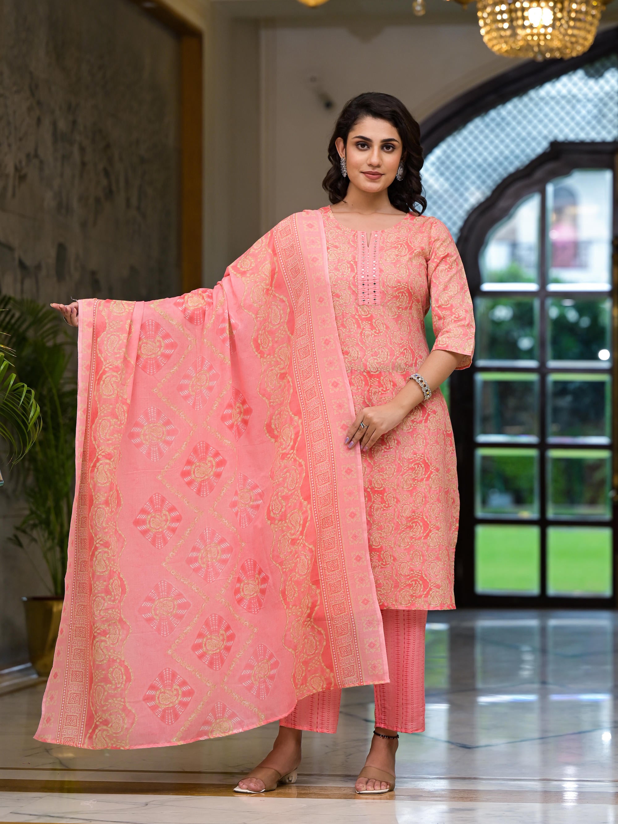 Pink Ethnic Motif Printed Cotton Kurta Set With Mirror Work & Sequins