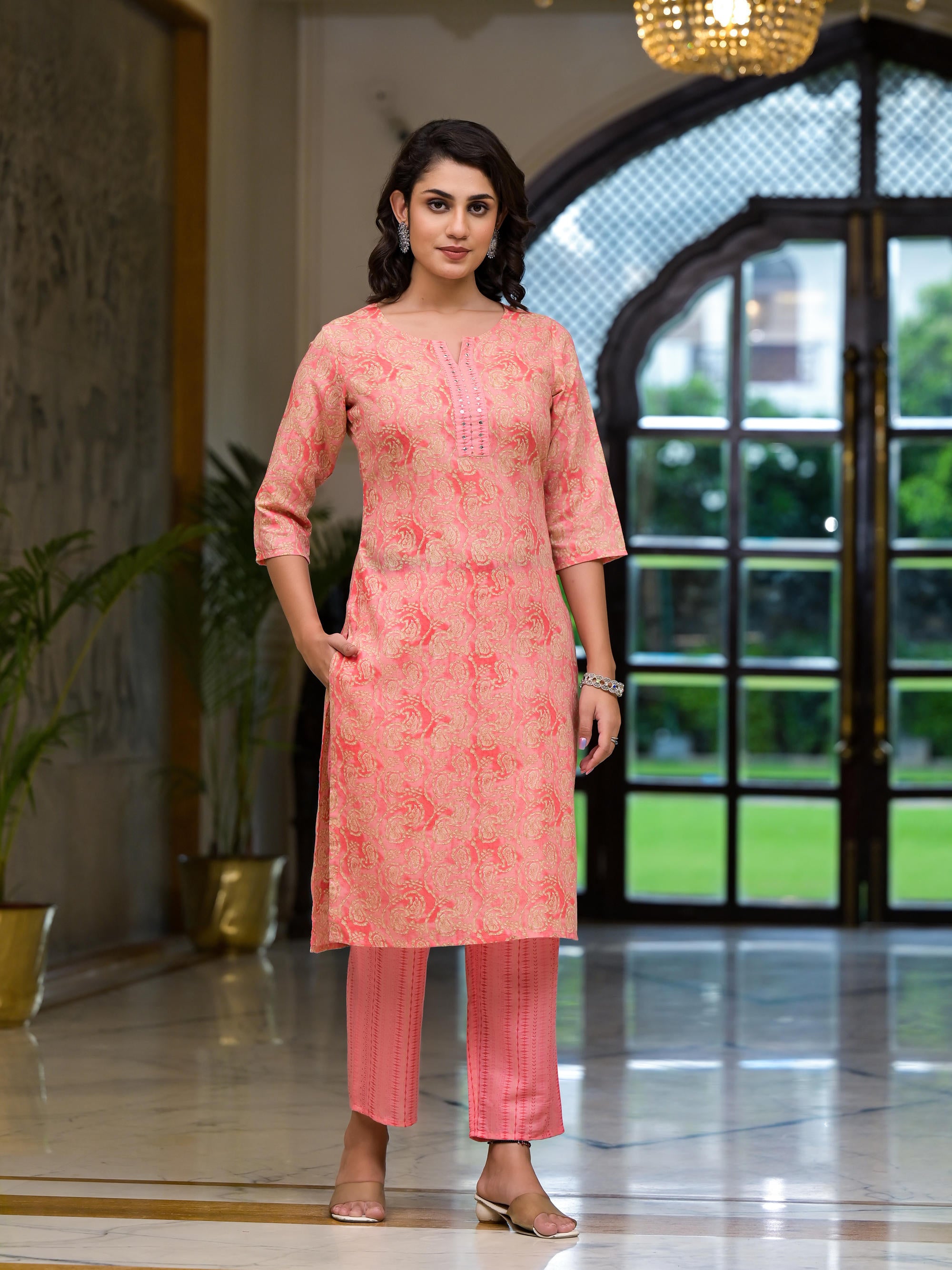 Pink Ethnic Motif Printed Cotton Kurta Set With Mirror Work & Sequins