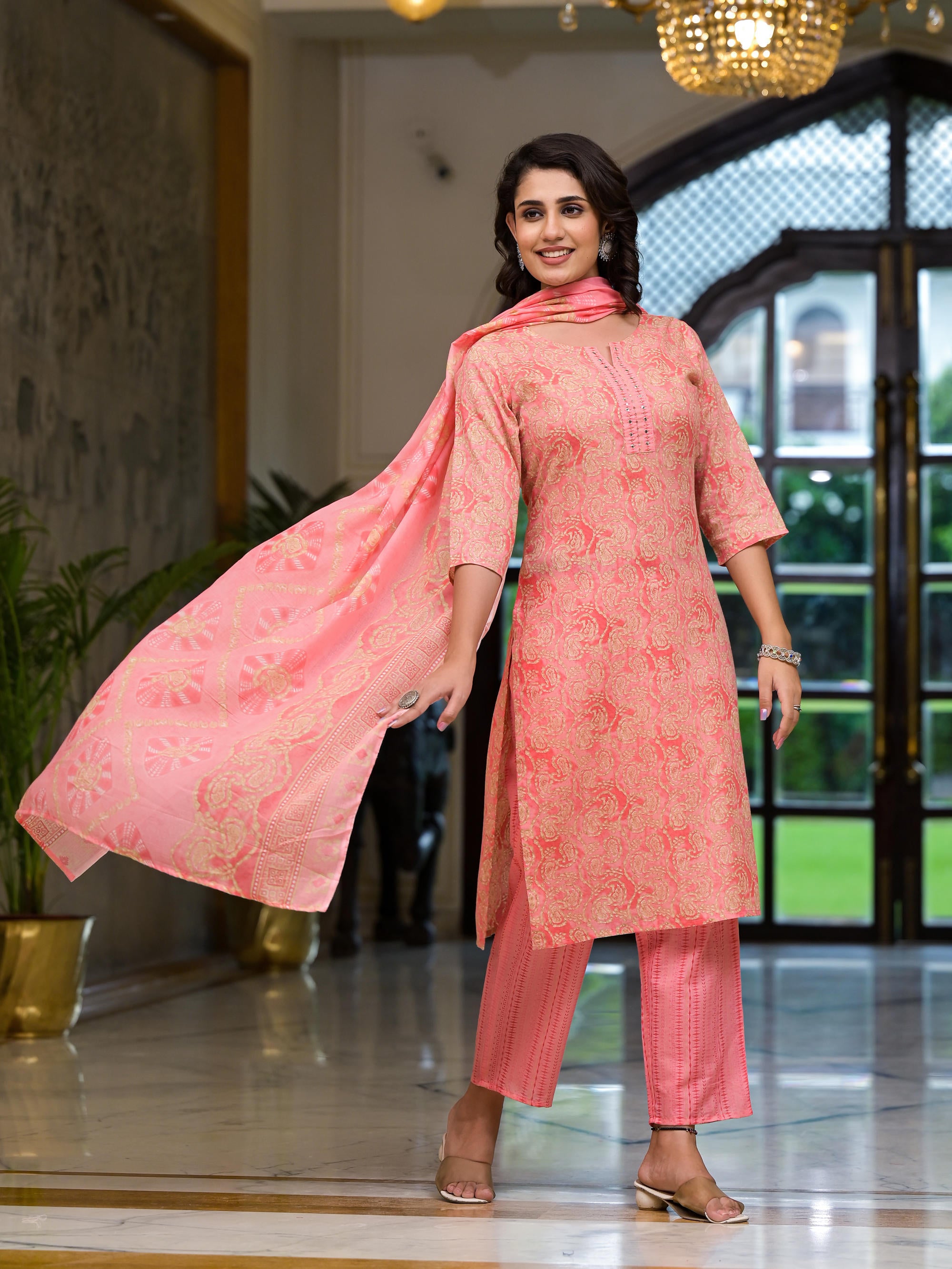 Pink Ethnic Motif Printed Cotton Kurta Set With Mirror Work & Sequins