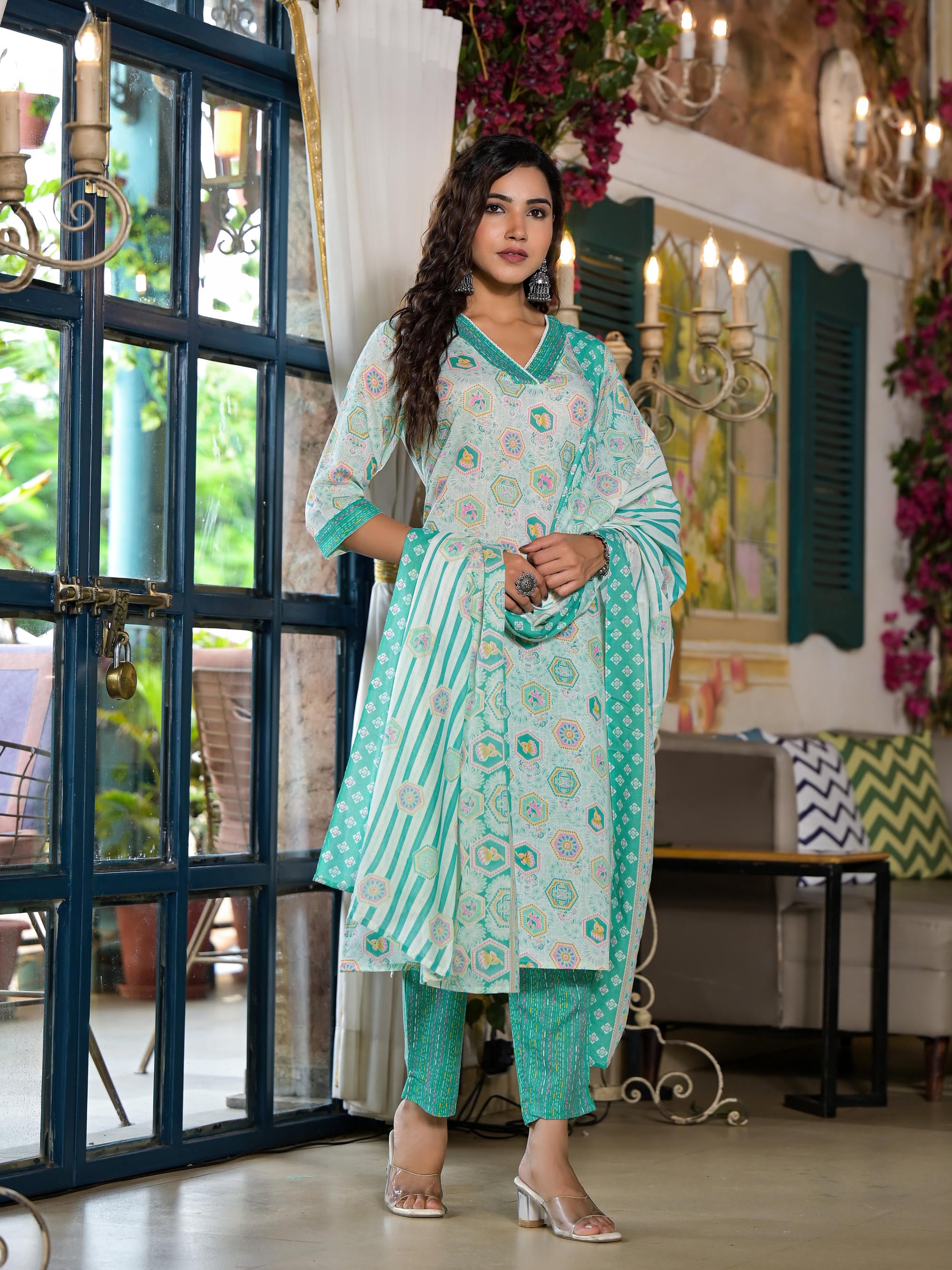 Green Floral Printed Cotton Kurta Set With Lace