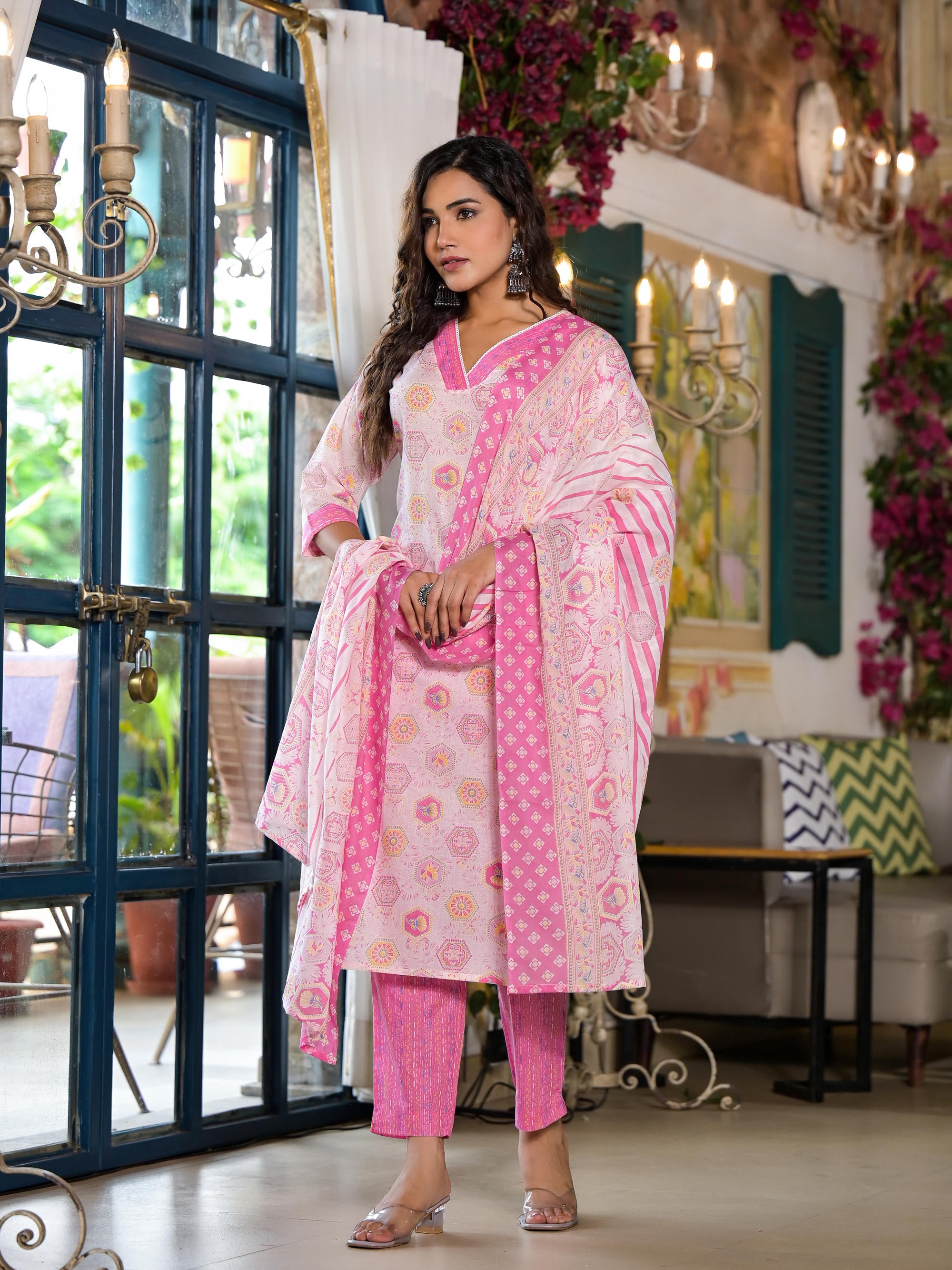 Pink Floral Printed Cotton Kurta Set With Lace