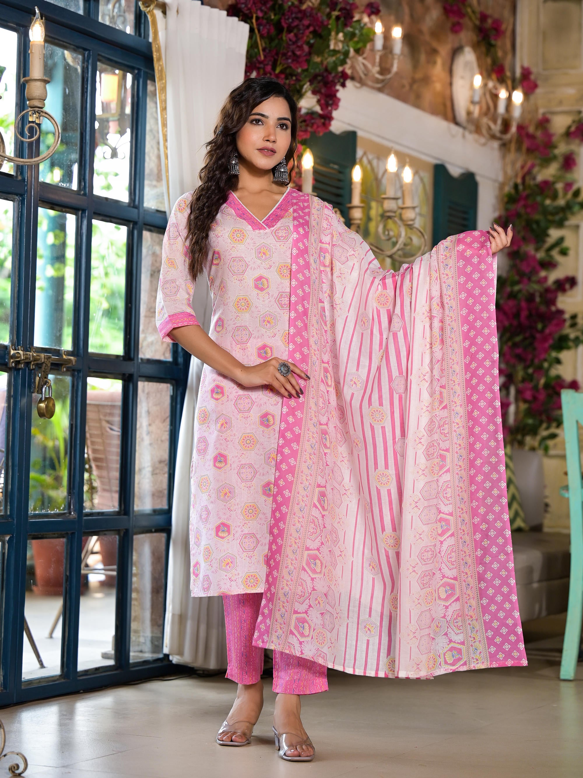 Pink Floral Printed Cotton Kurta Set With Lace