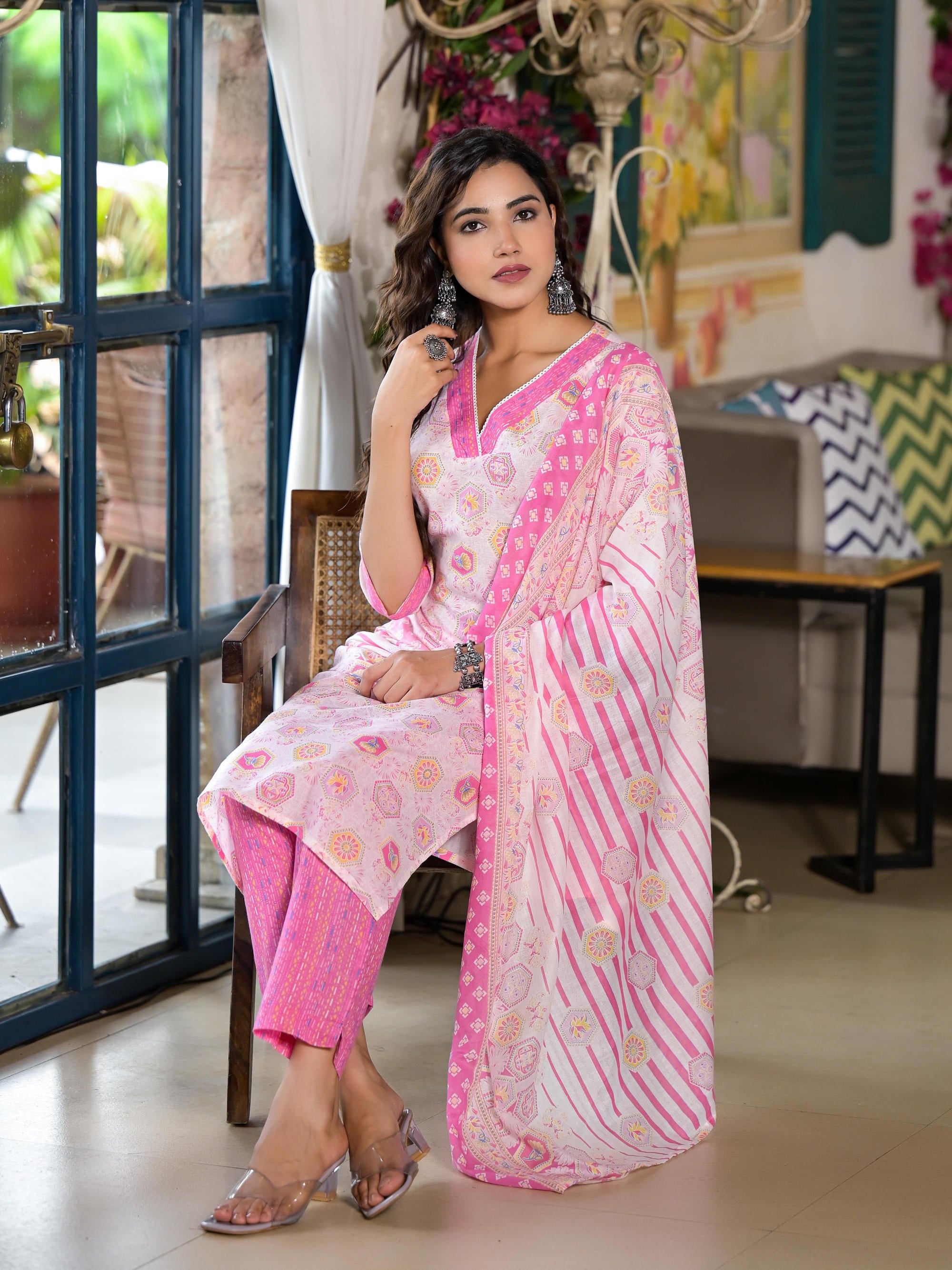 Pink Floral Printed Cotton Kurta Set With Lace