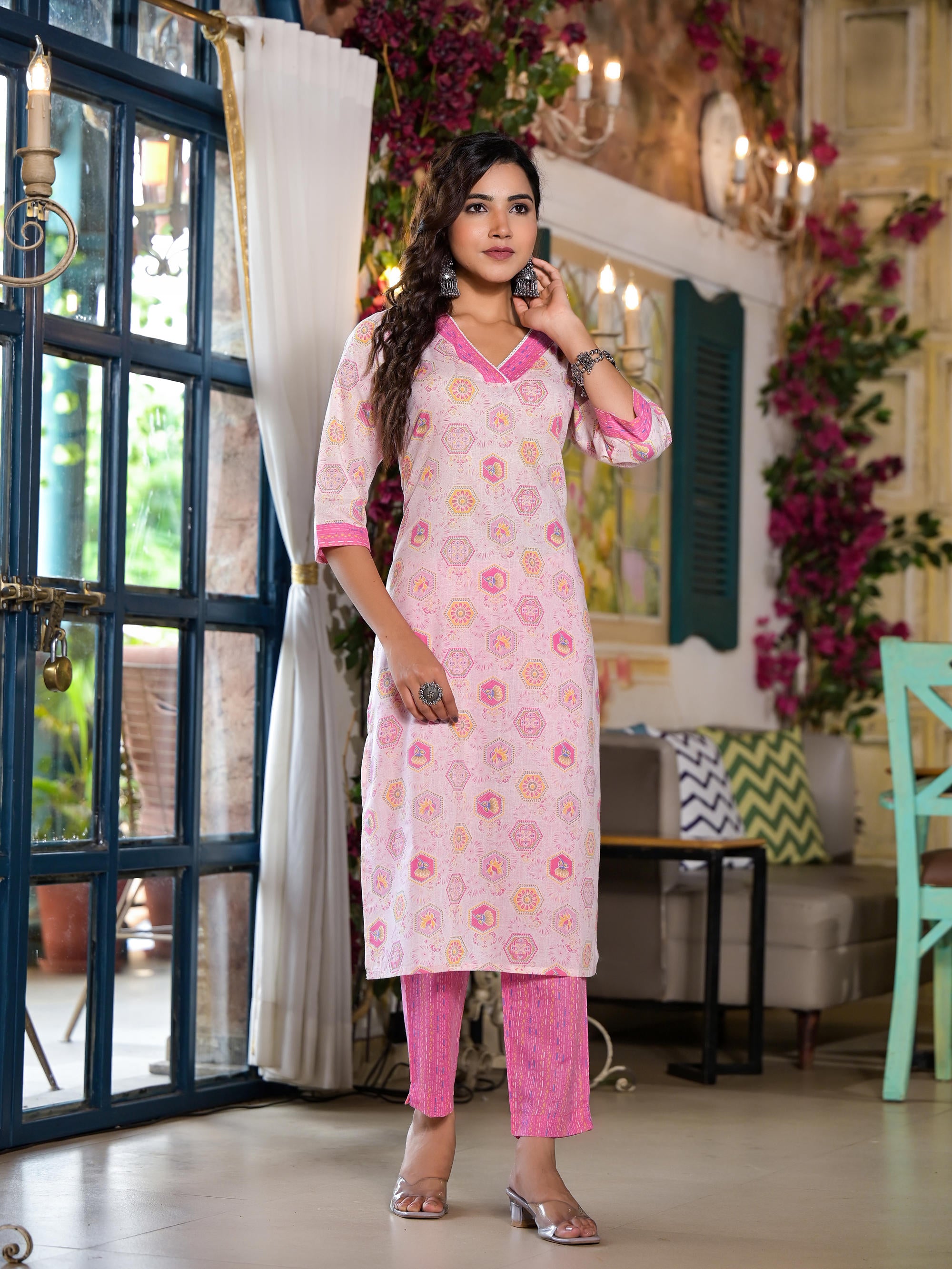 Pink Floral Printed Cotton Kurta Set With Lace