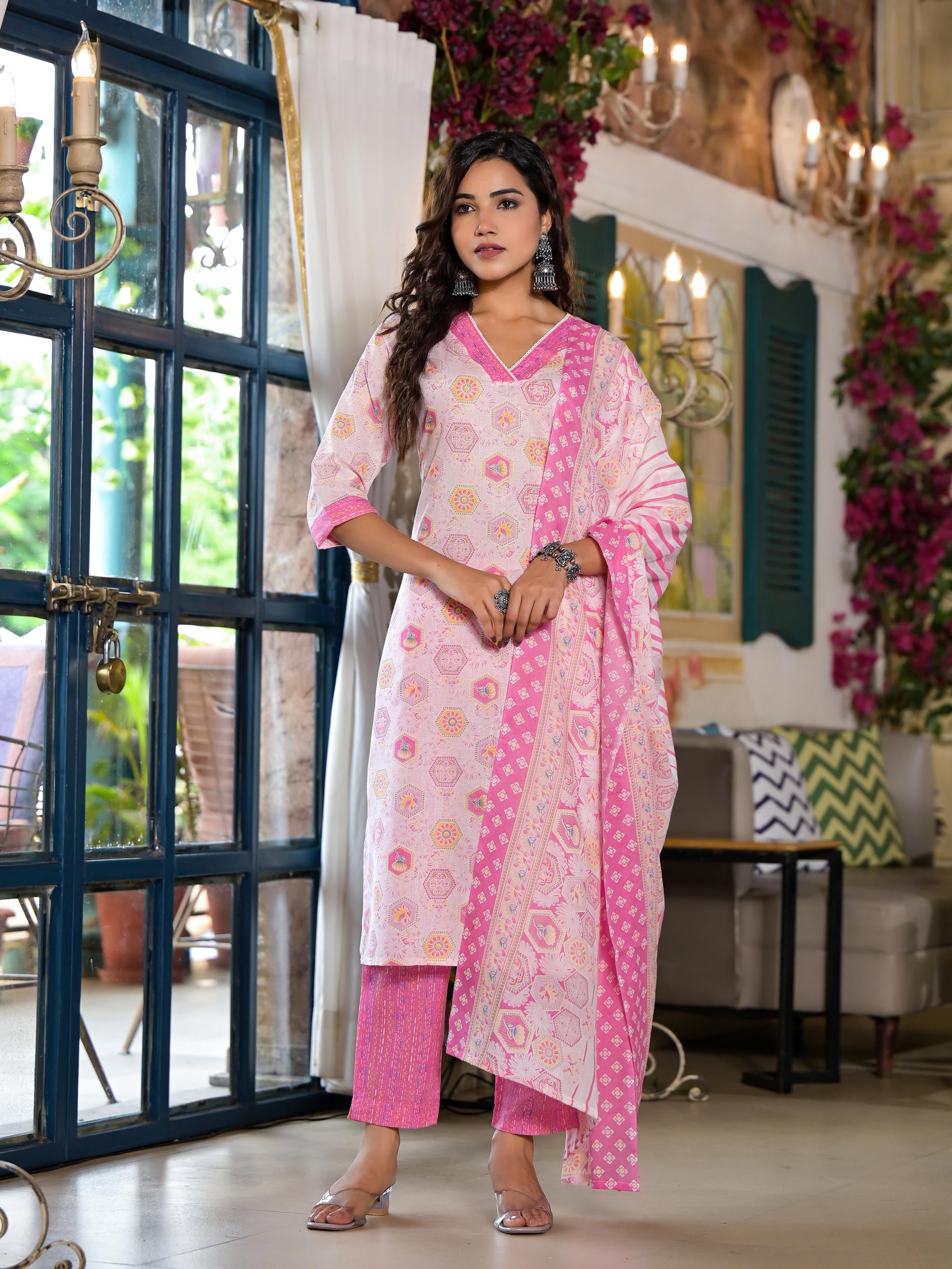 Pink Floral Printed Cotton Kurta Set With Lace