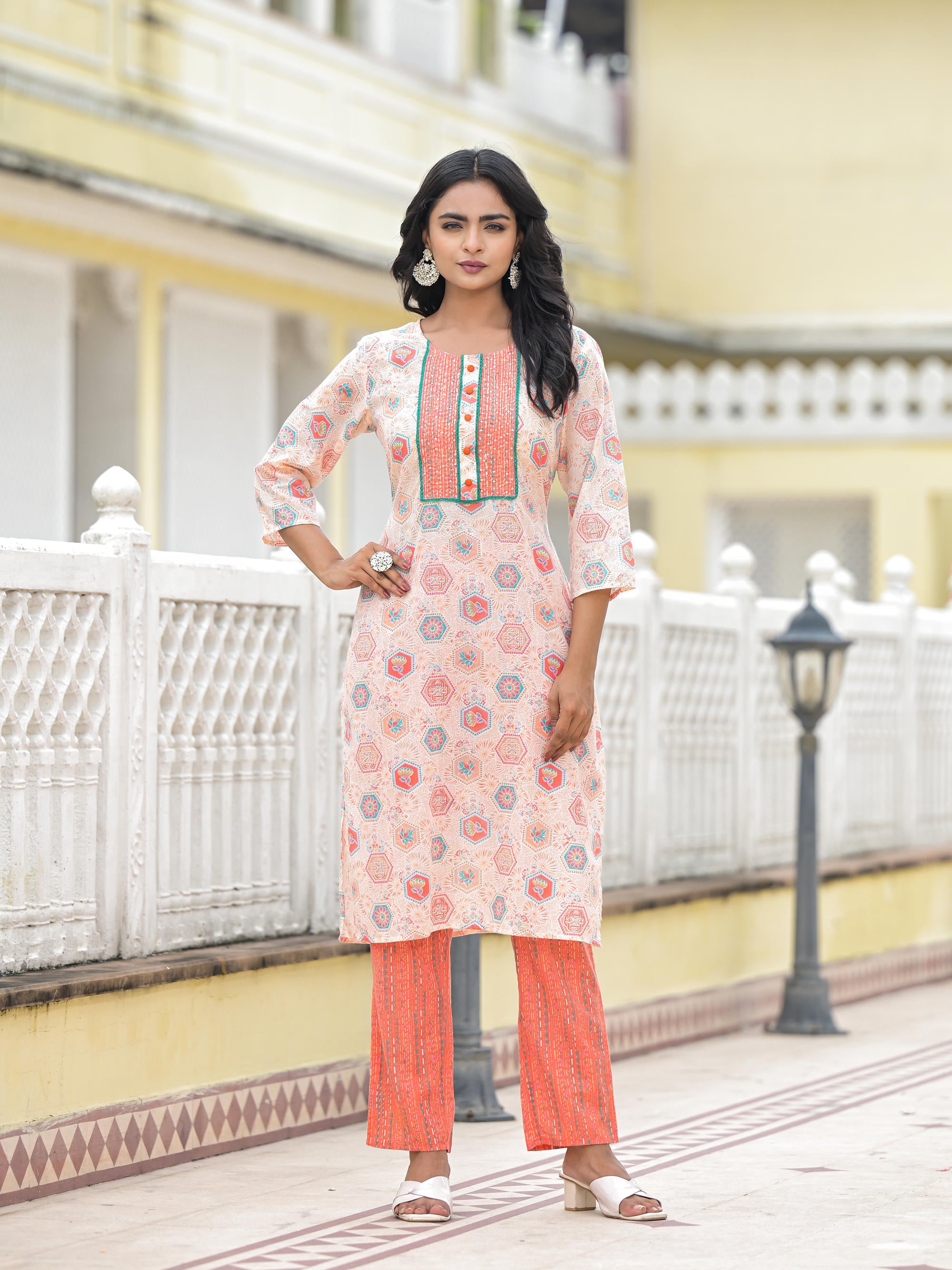 Peach Floral Printed Cotton Kurta Pant With Dupatta Set With Sequins & Thread Work