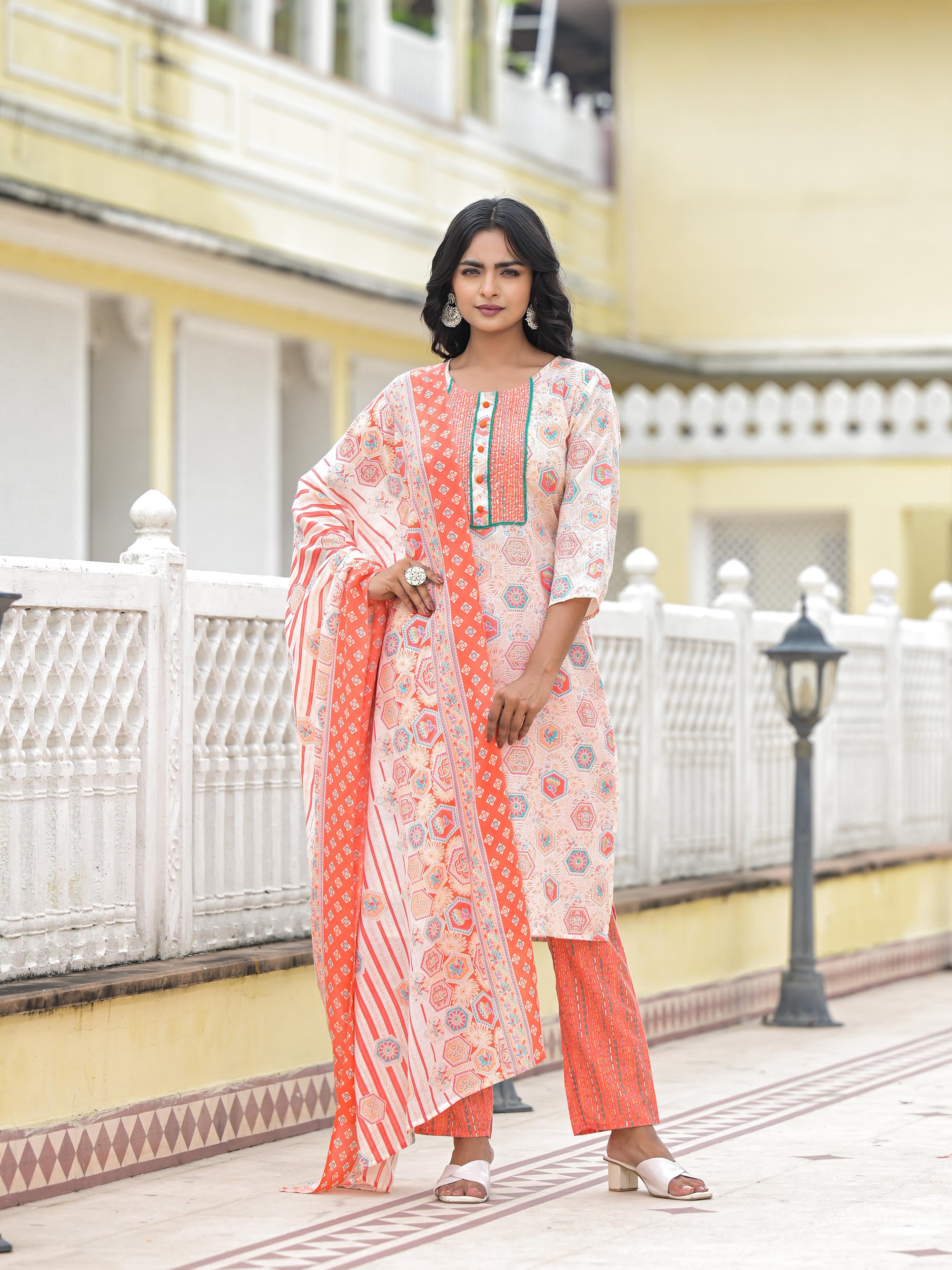 Peach Floral Printed Cotton Kurta Pant With Dupatta Set With Sequins & Thread Work