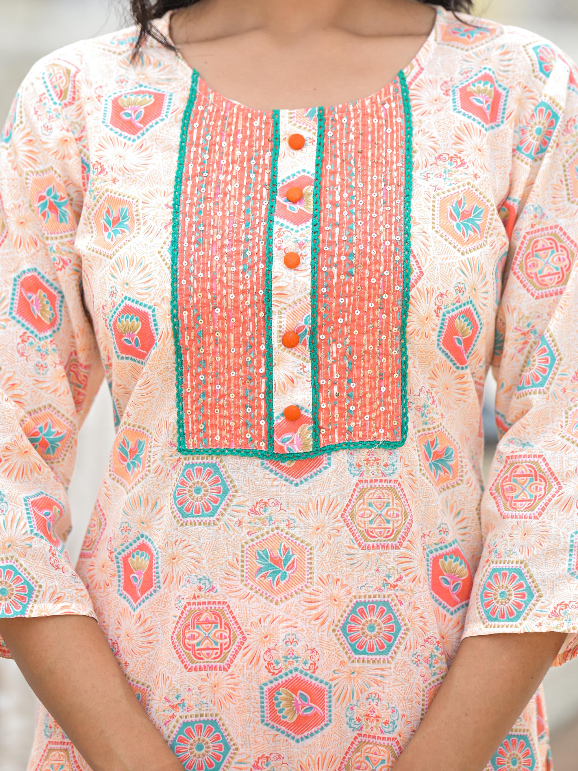 Peach Floral Printed Cotton Kurta Pant With Dupatta Set With Sequins & Thread Work