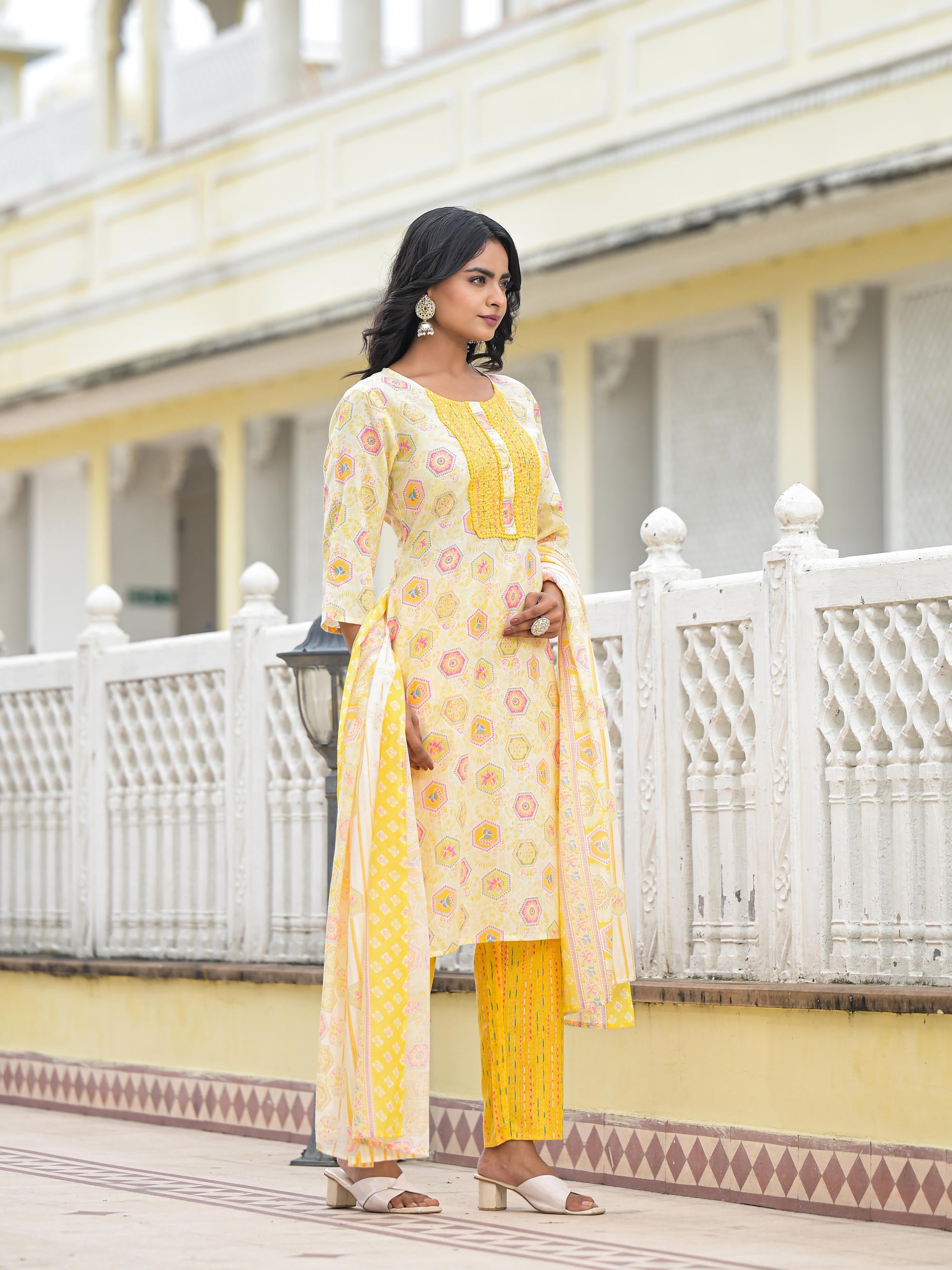 Yellow Floral Printed Cotton Kurta Pant With Dupatta Set With Sequins & Thread Work