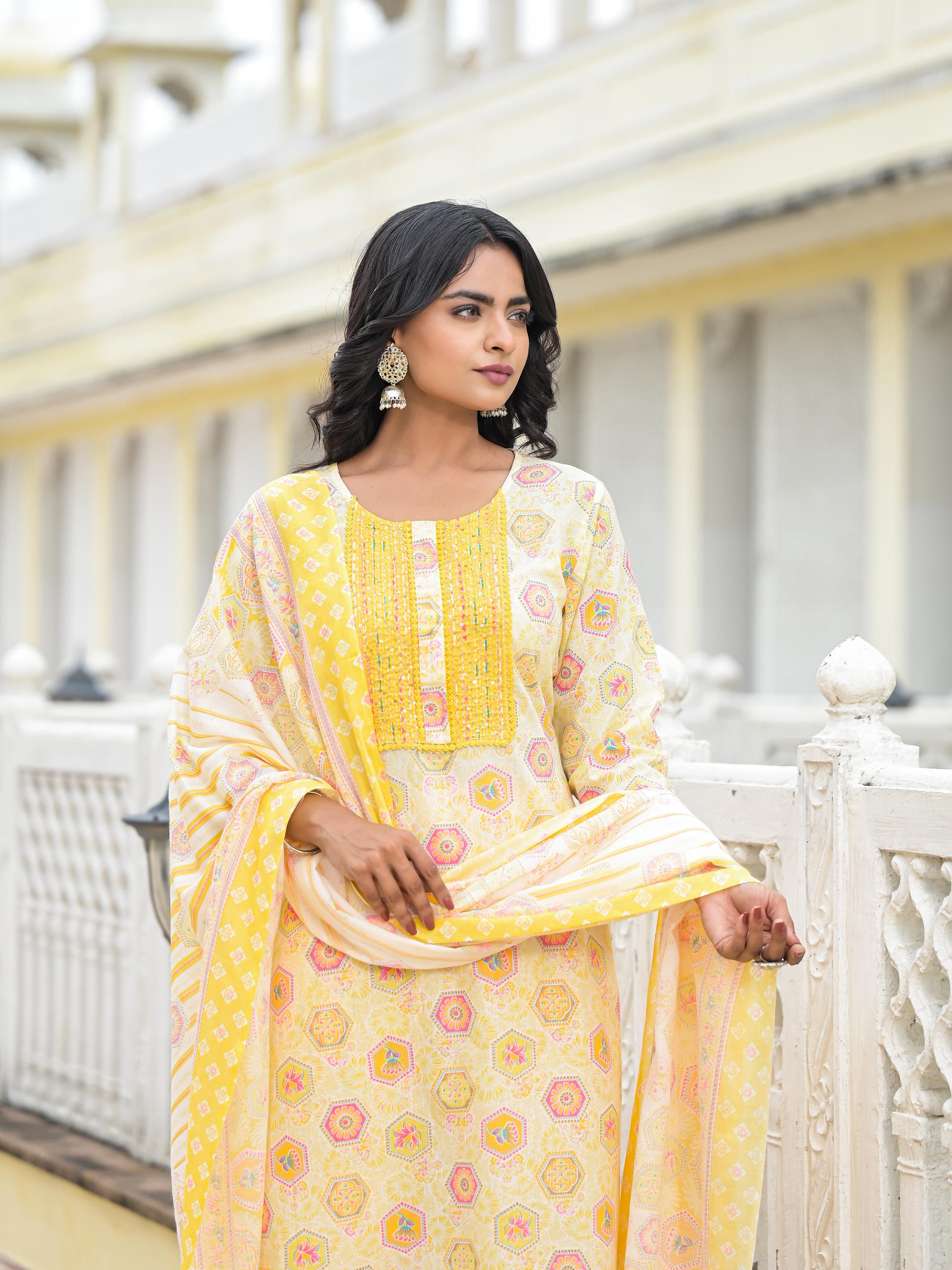 Yellow Floral Printed Cotton Kurta Pant With Dupatta Set With Sequins & Thread Work