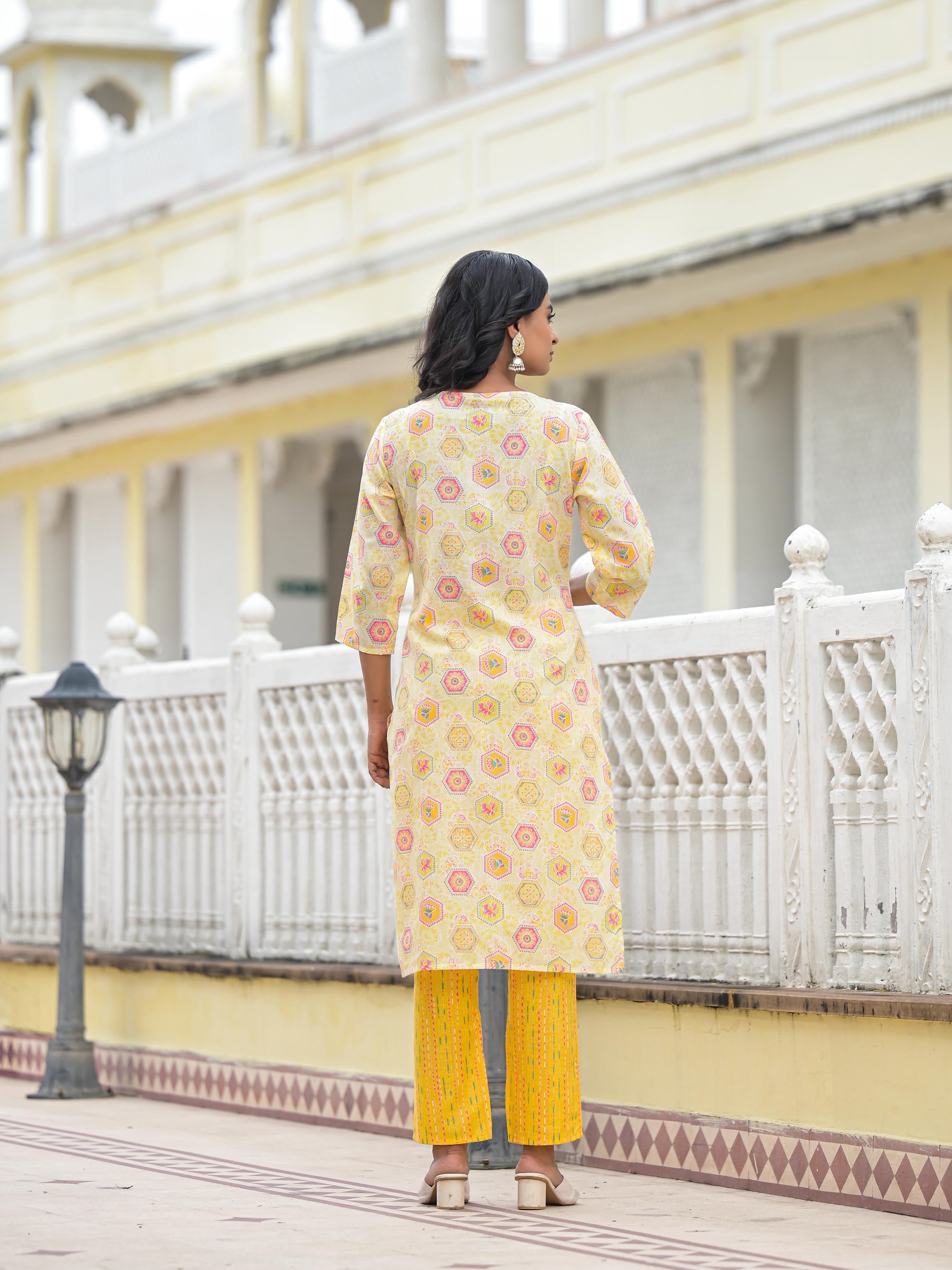 Yellow Floral Printed Cotton Kurta Pant With Dupatta Set With Sequins & Thread Work