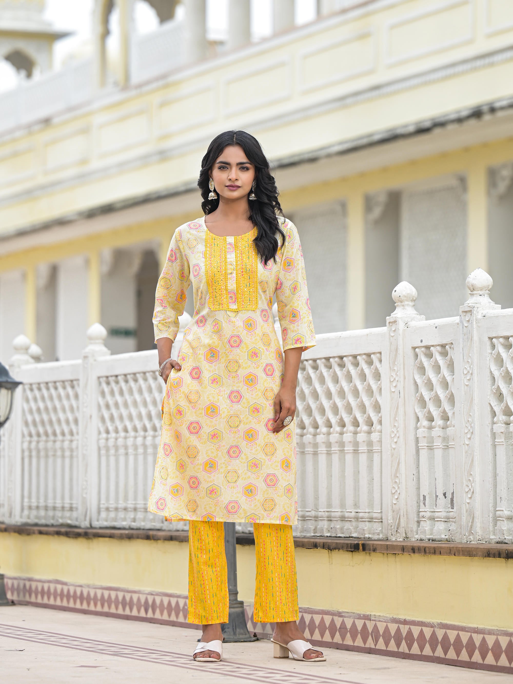 Yellow Floral Printed Cotton Kurta Pant With Dupatta Set With Sequins & Thread Work