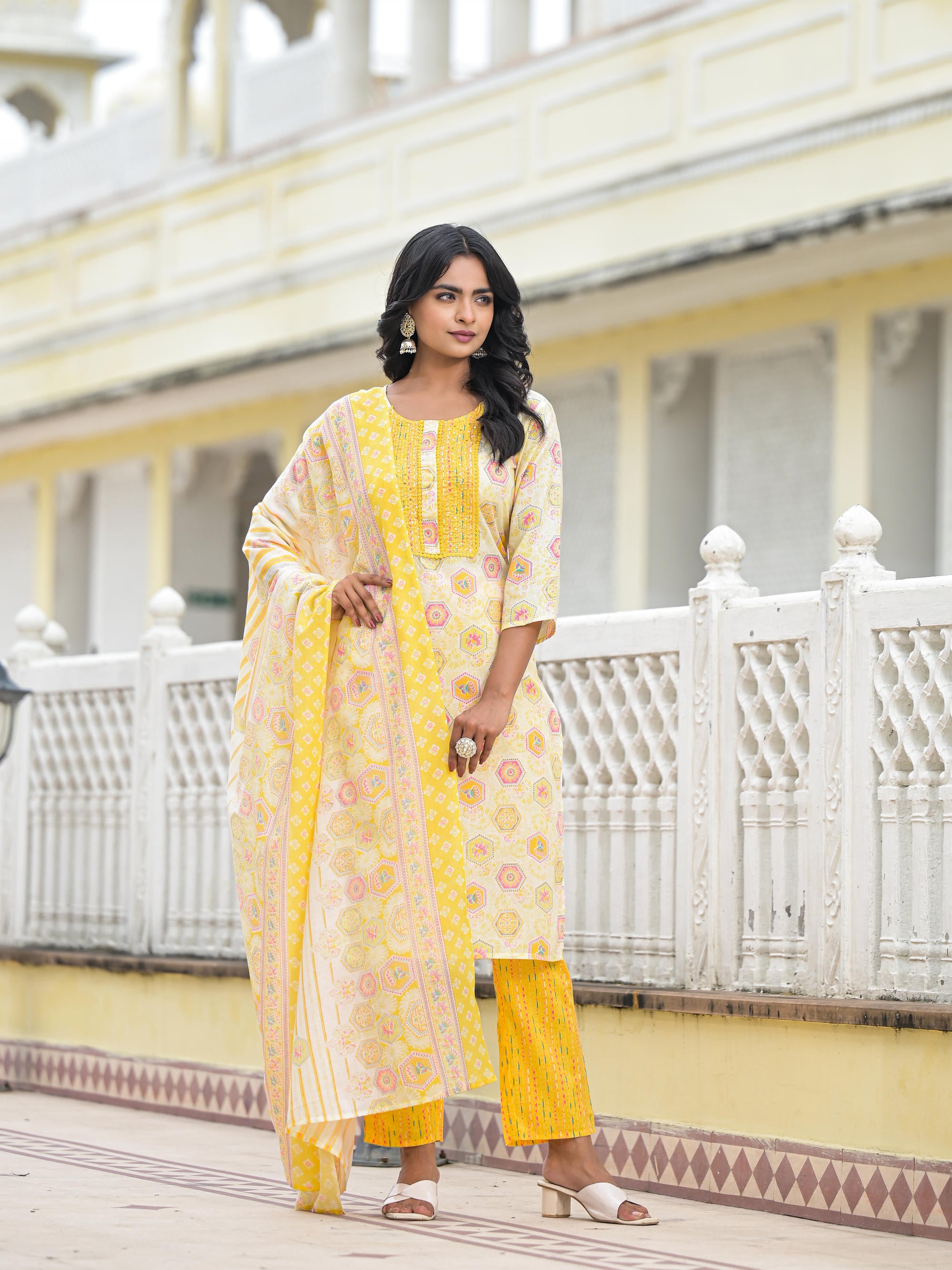 Yellow Floral Printed Cotton Kurta Pant With Dupatta Set With Sequins & Thread Work