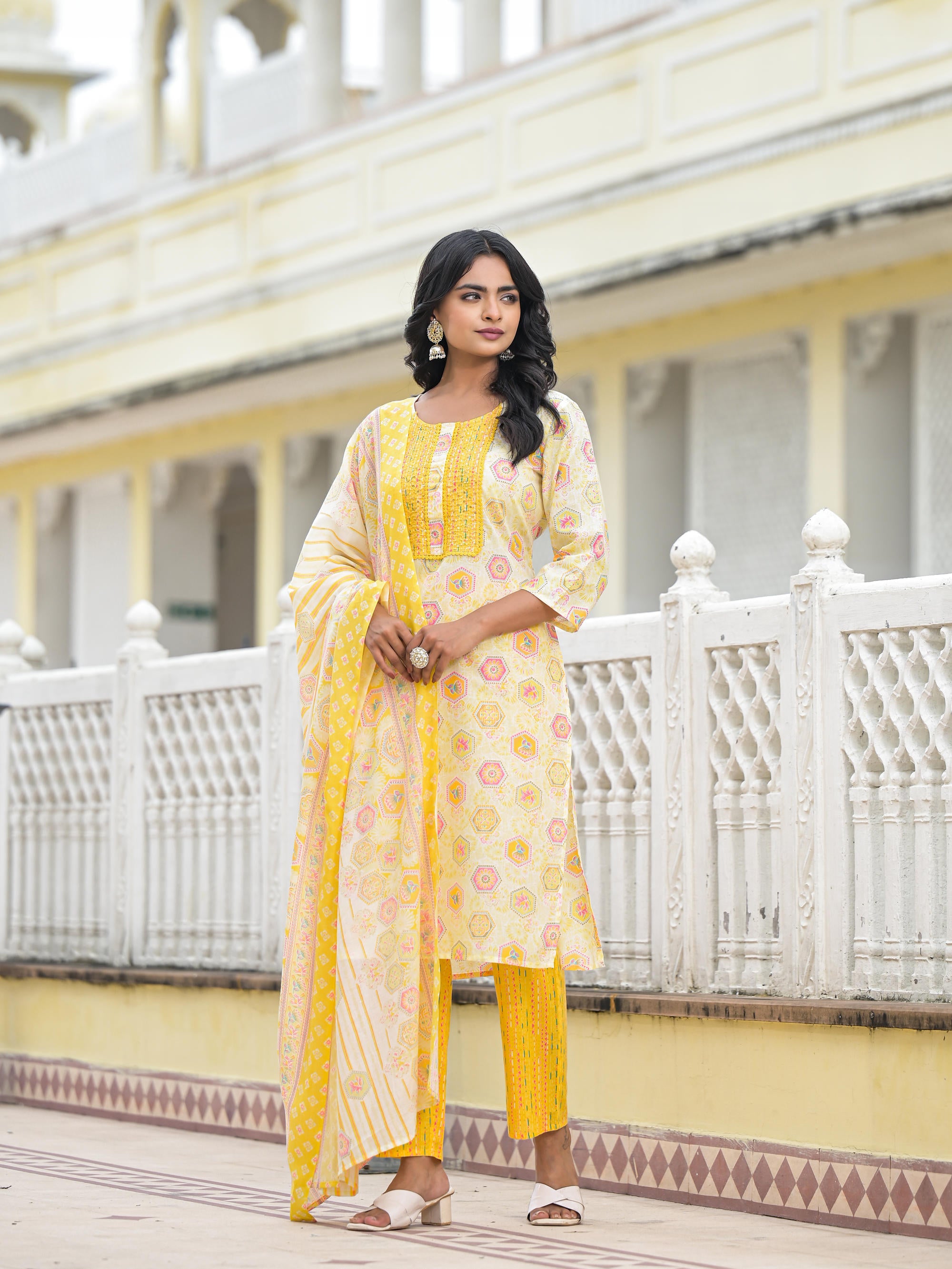 Yellow Floral Printed Cotton Kurta Pant With Dupatta Set With Sequins & Thread Work