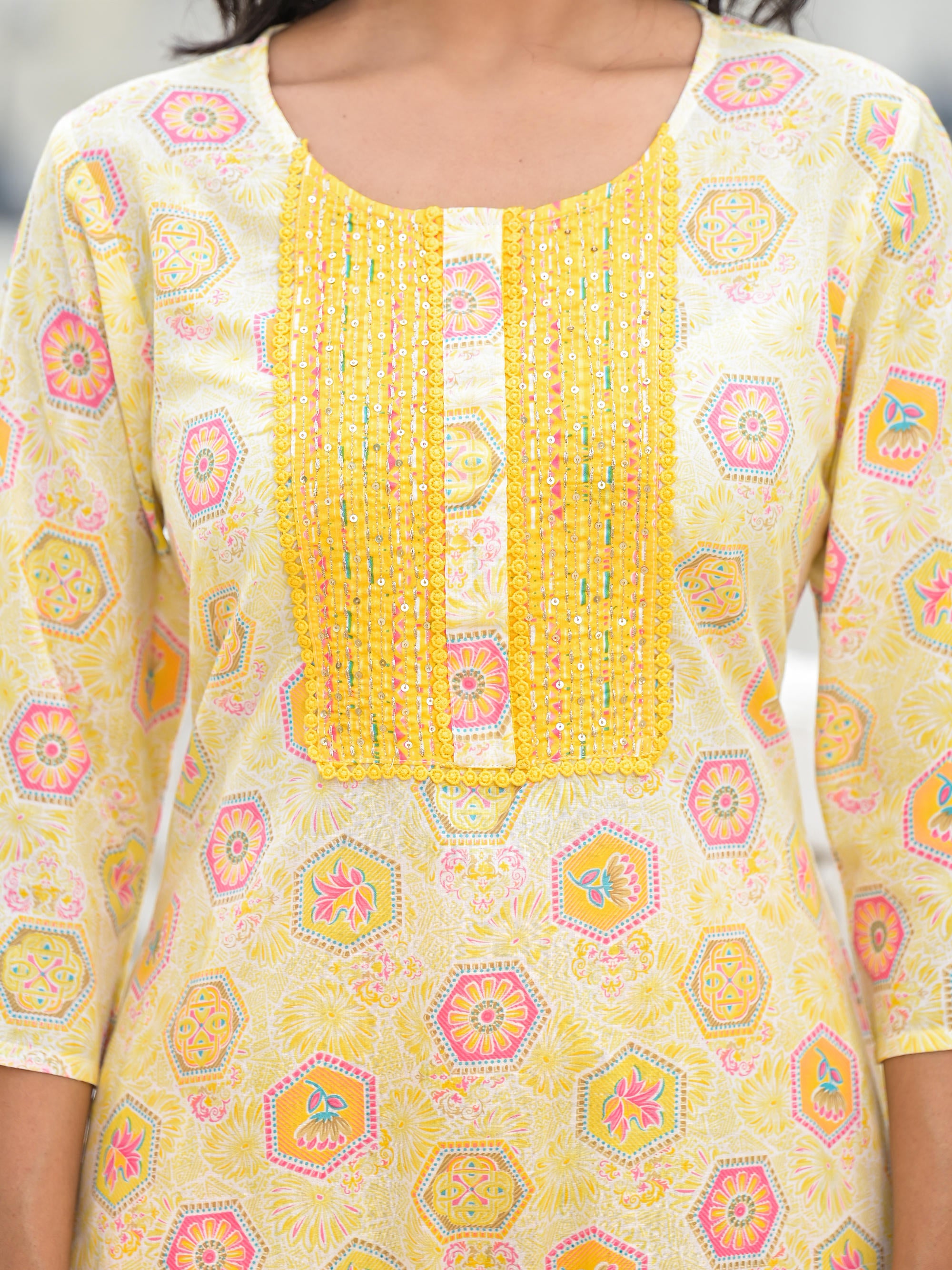 Yellow Floral Printed Cotton Kurta Pant With Dupatta Set With Sequins & Thread Work