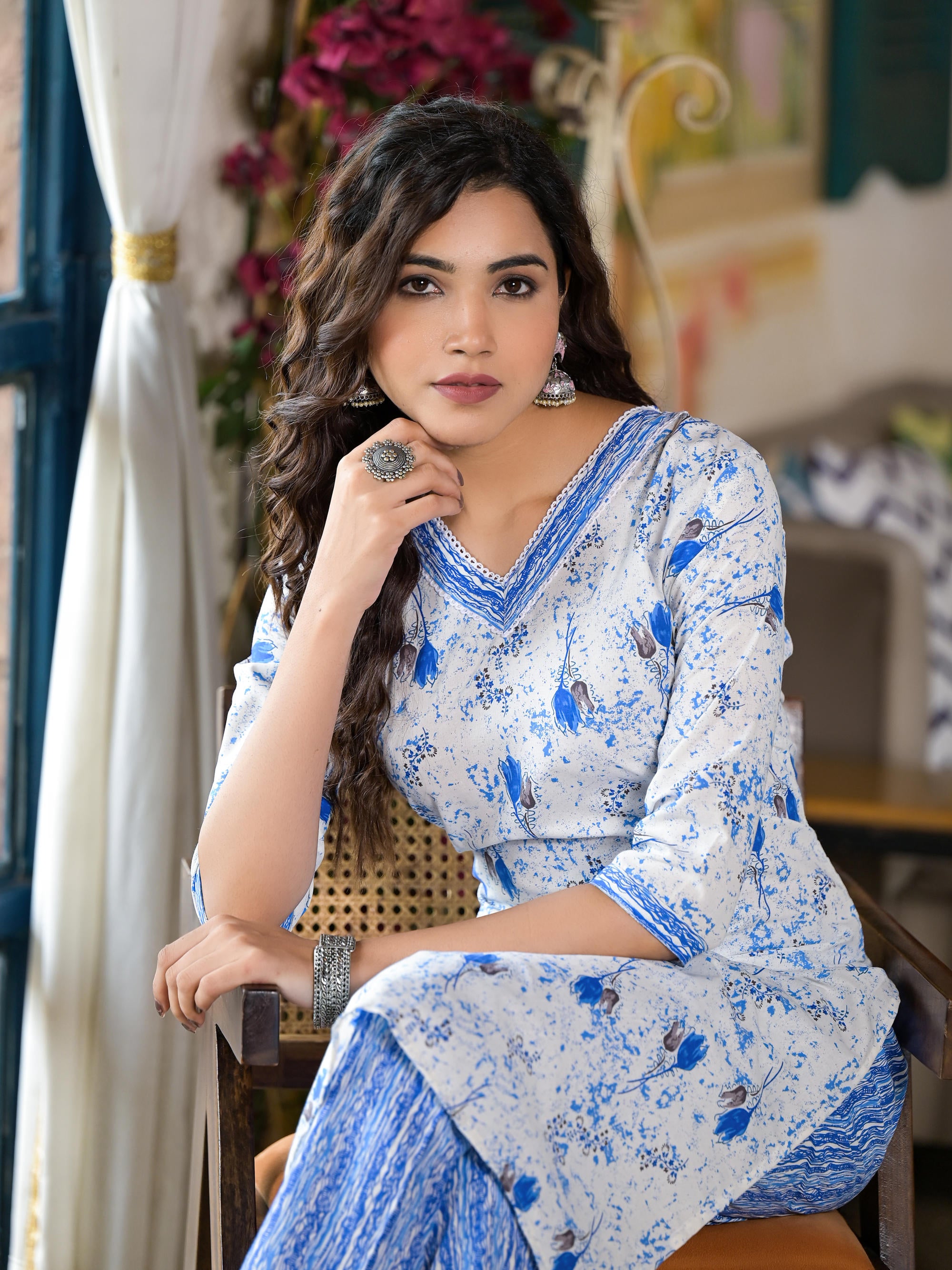 Blue Floral Printed Cotton Kurta & Pant Set With Lace