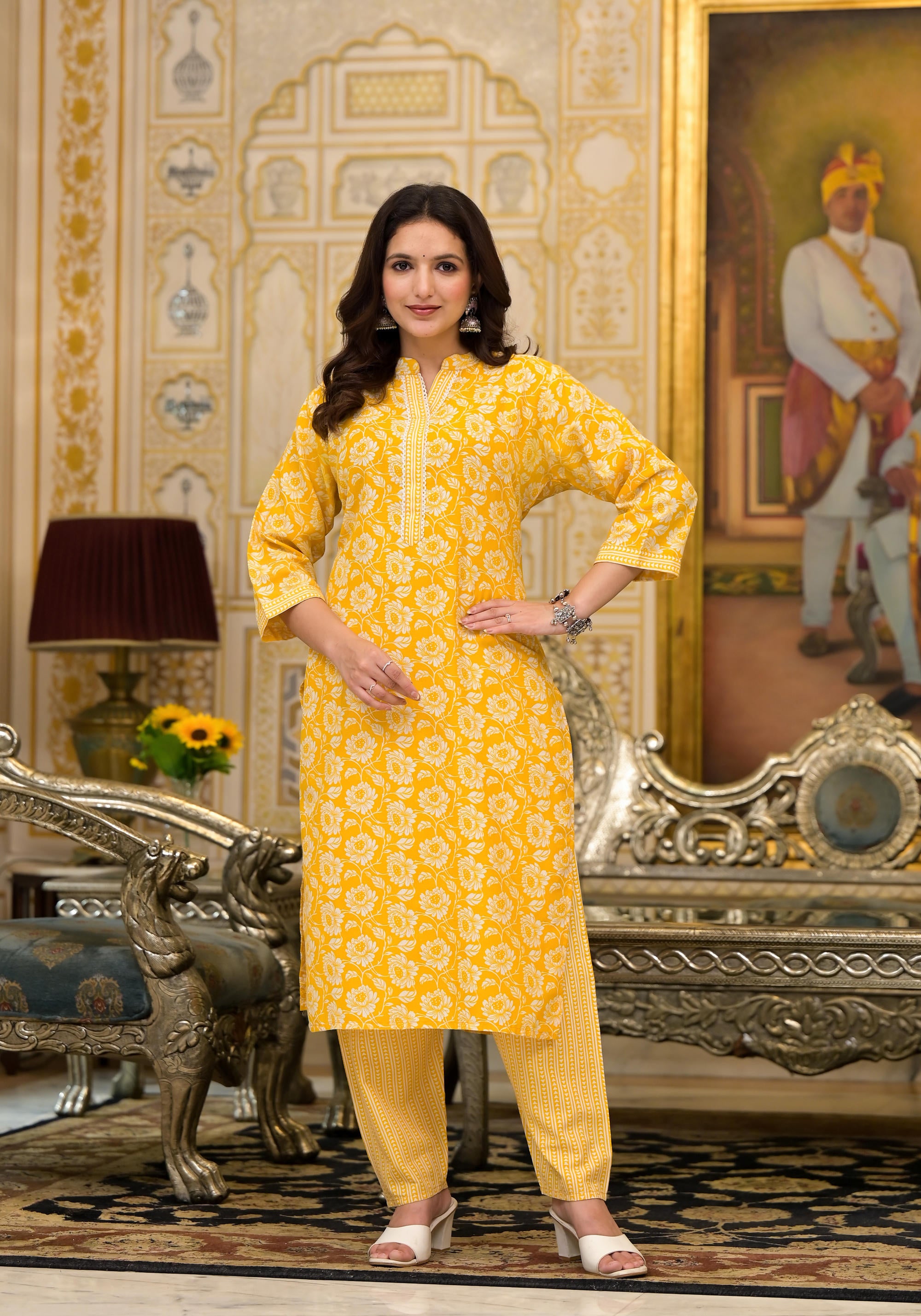 Mustard Floral Printed Cotton Kurta & Pant Set With Lace