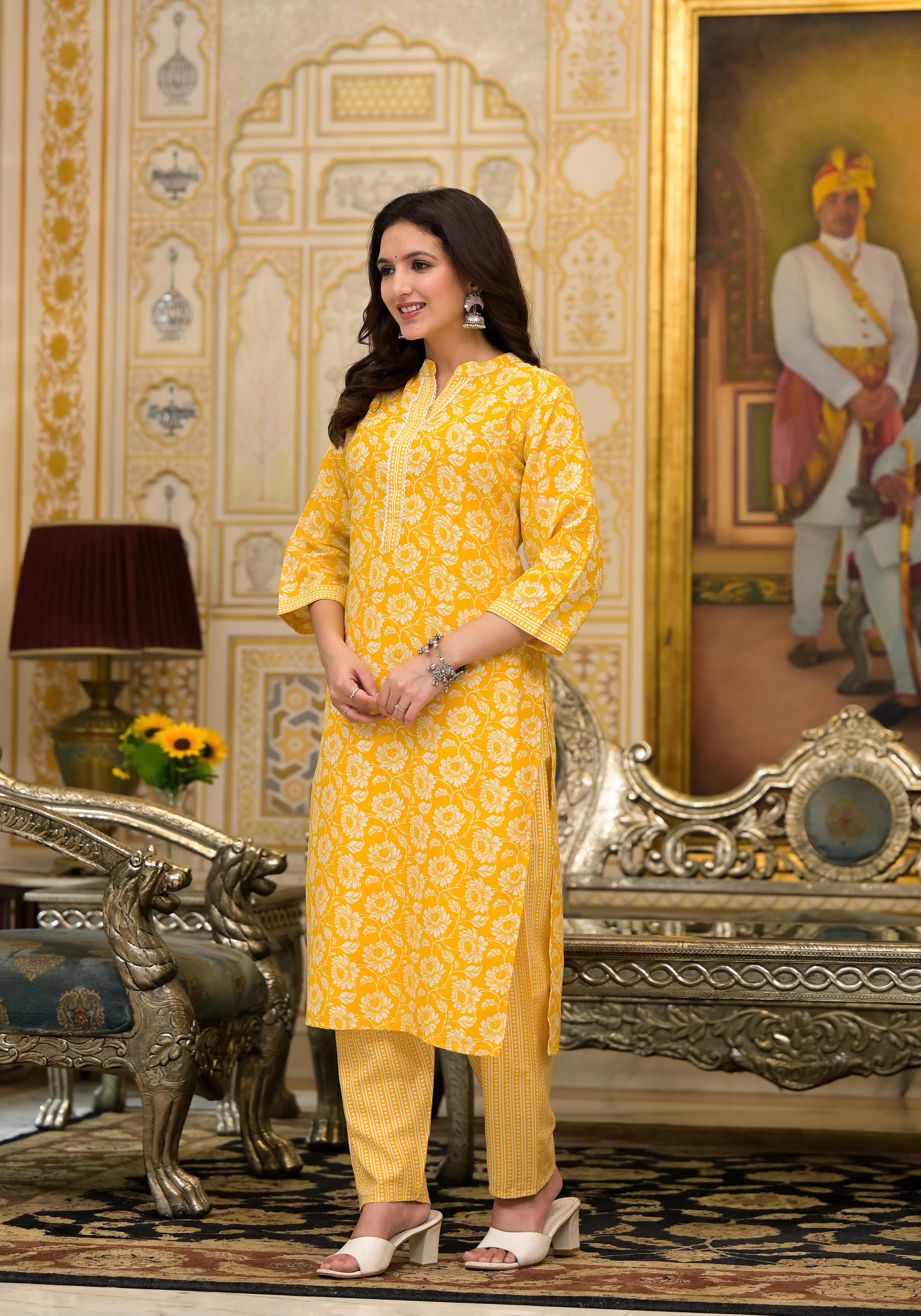 Mustard Floral Printed Cotton Kurta & Pant Set With Lace