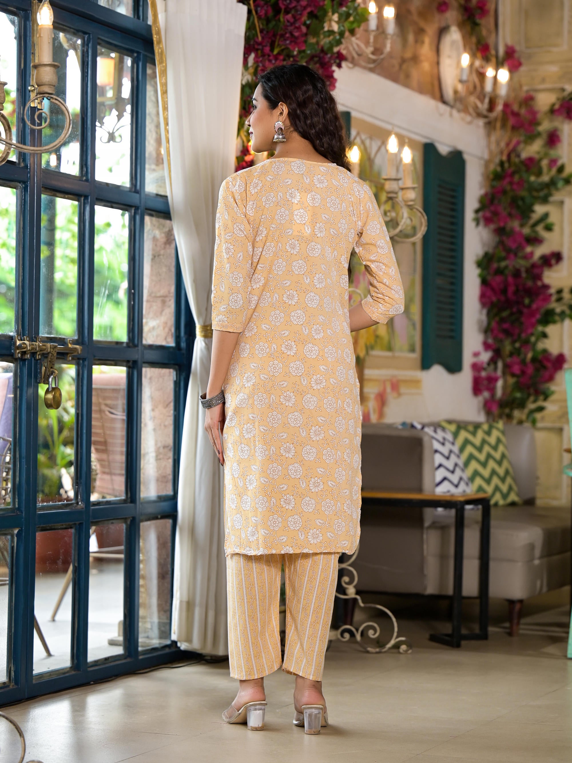 Brown Floral Printed Cotton Kurta & Pant Set With Lace & Buttons