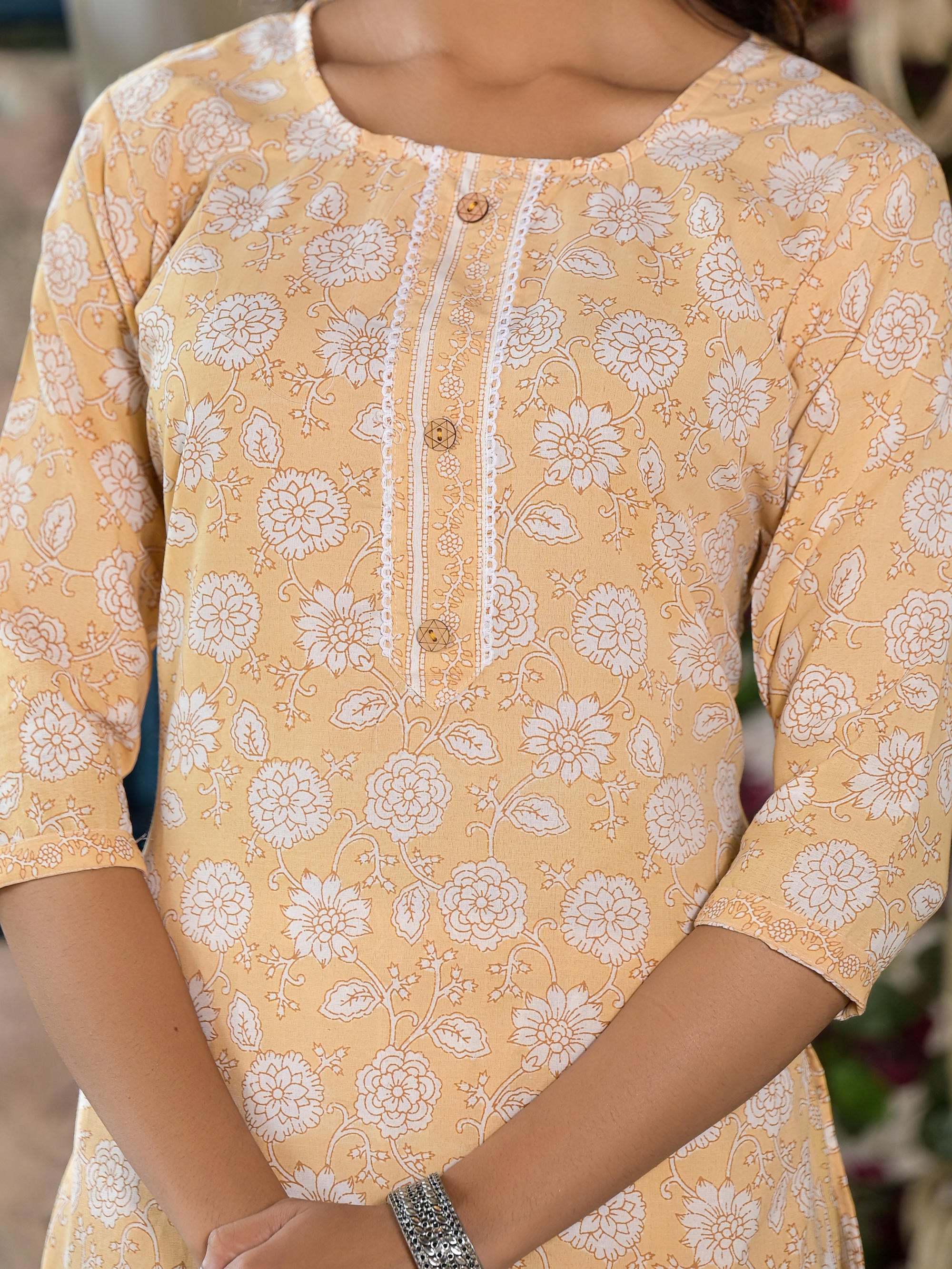 Brown Floral Printed Cotton Kurta & Pant Set With Lace & Buttons