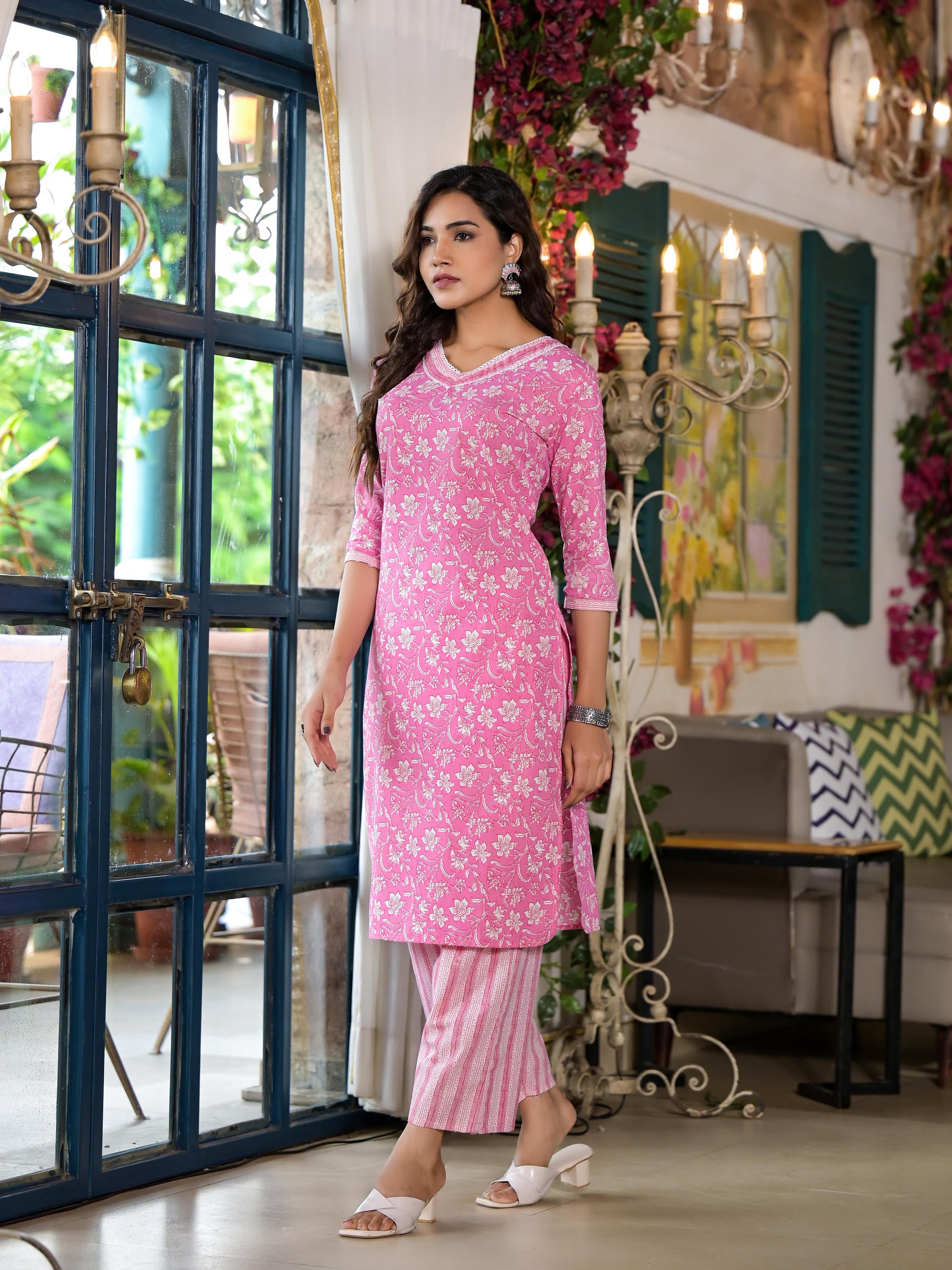 Pink Floral Printed Cotton Kurta Set With Lace