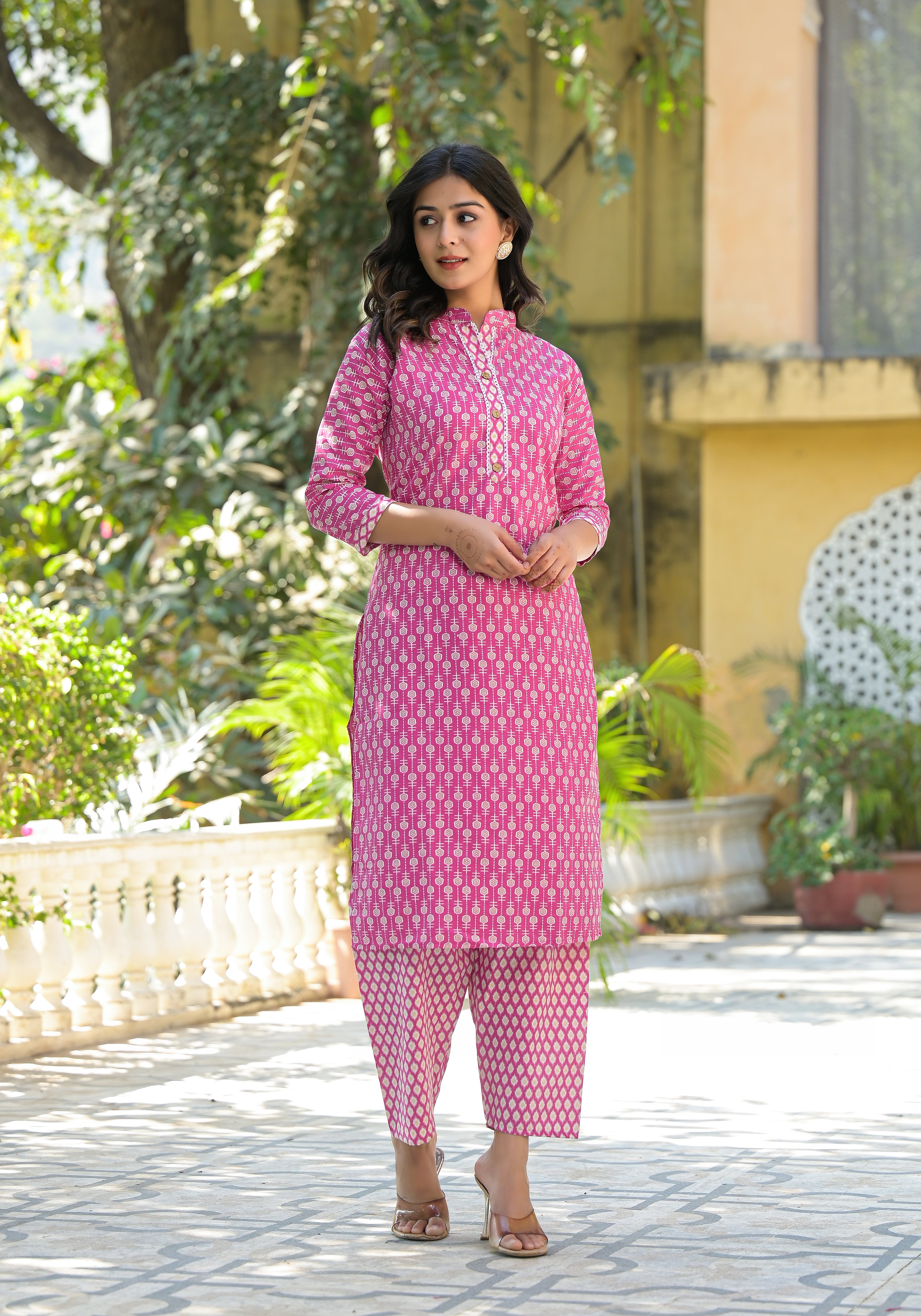 Wine Floral Printed Cotton Kurta With Pant Set With Lace