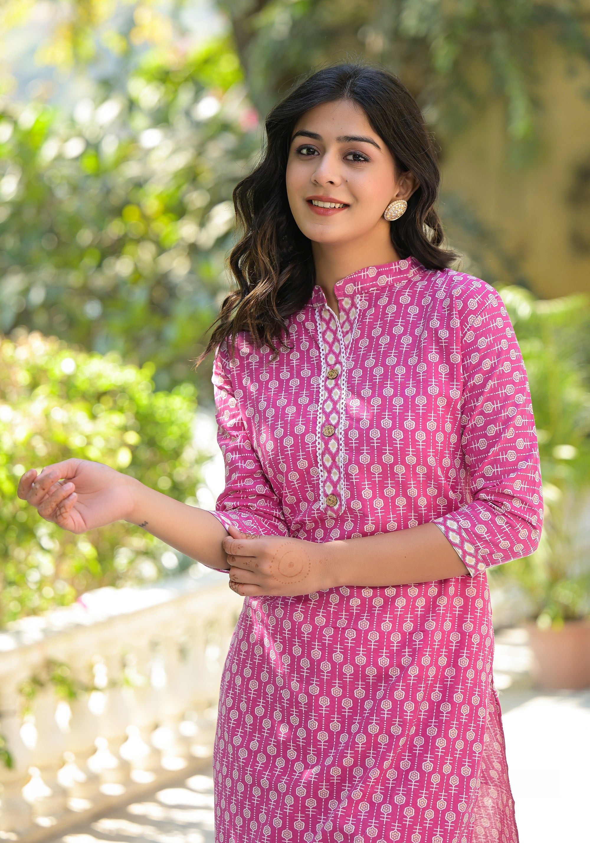 Wine Floral Printed Cotton Kurta With Pant Set With Lace