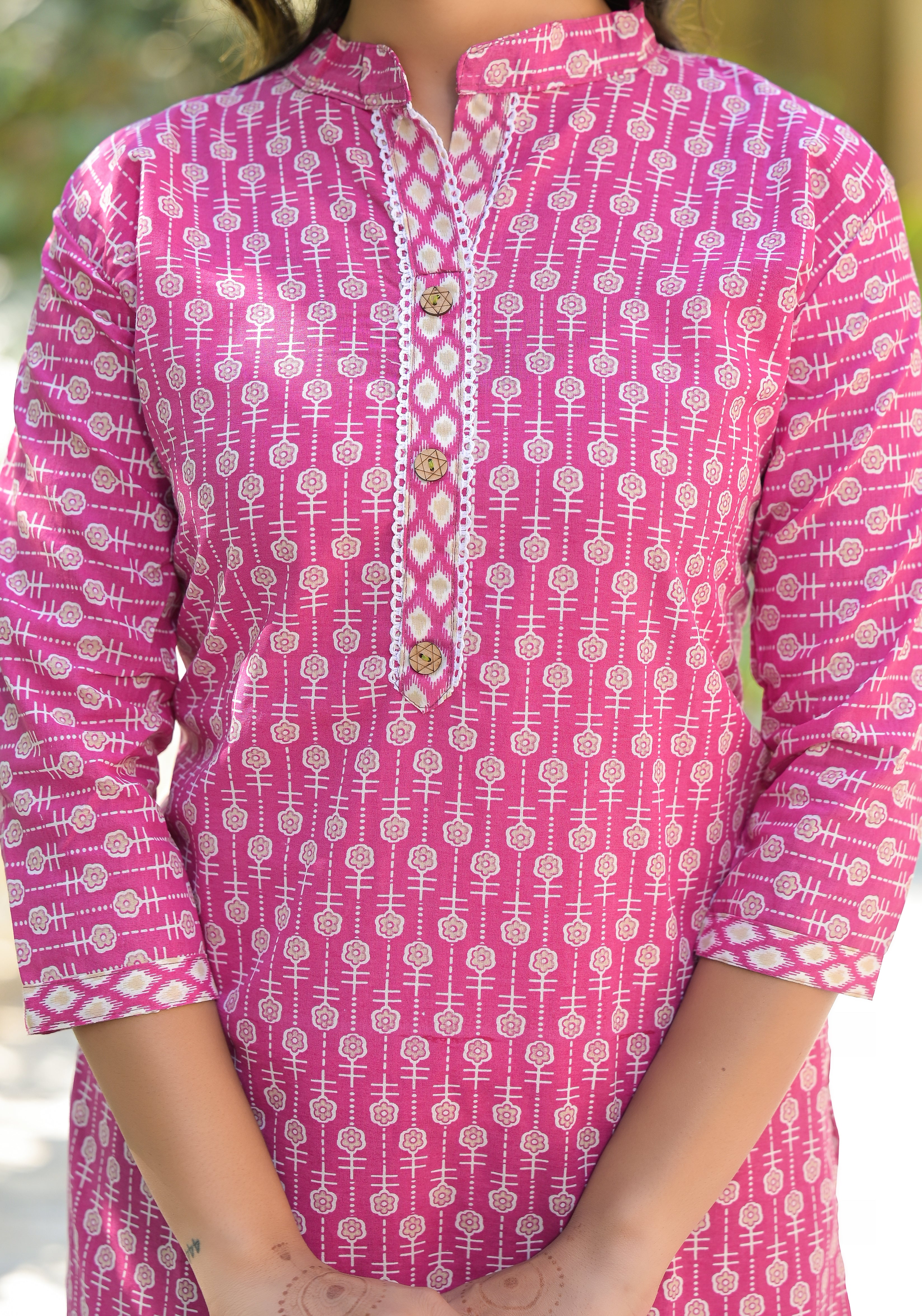 Wine Floral Printed Cotton Kurta With Pant Set With Lace