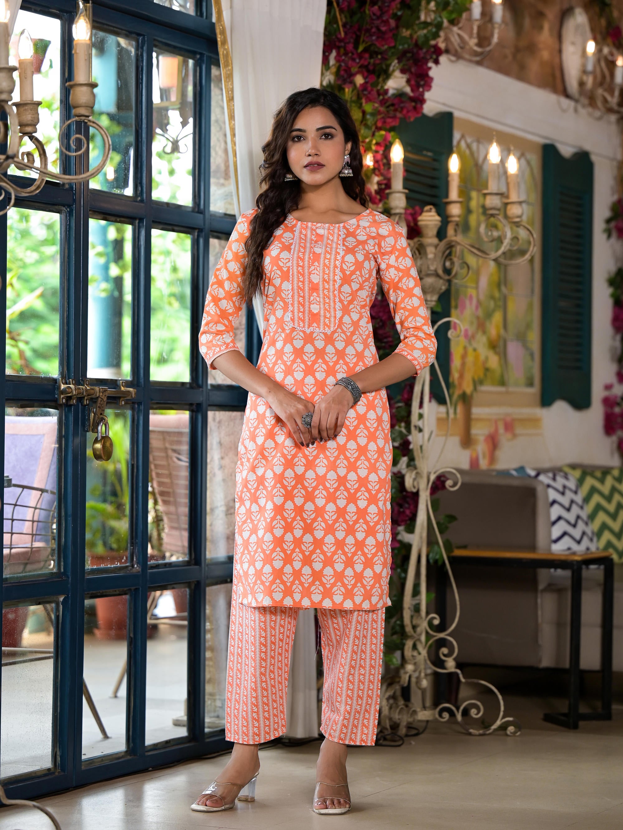 Orange Ethnic Motif Printed Cotton Kurta & Pant Set With Lace