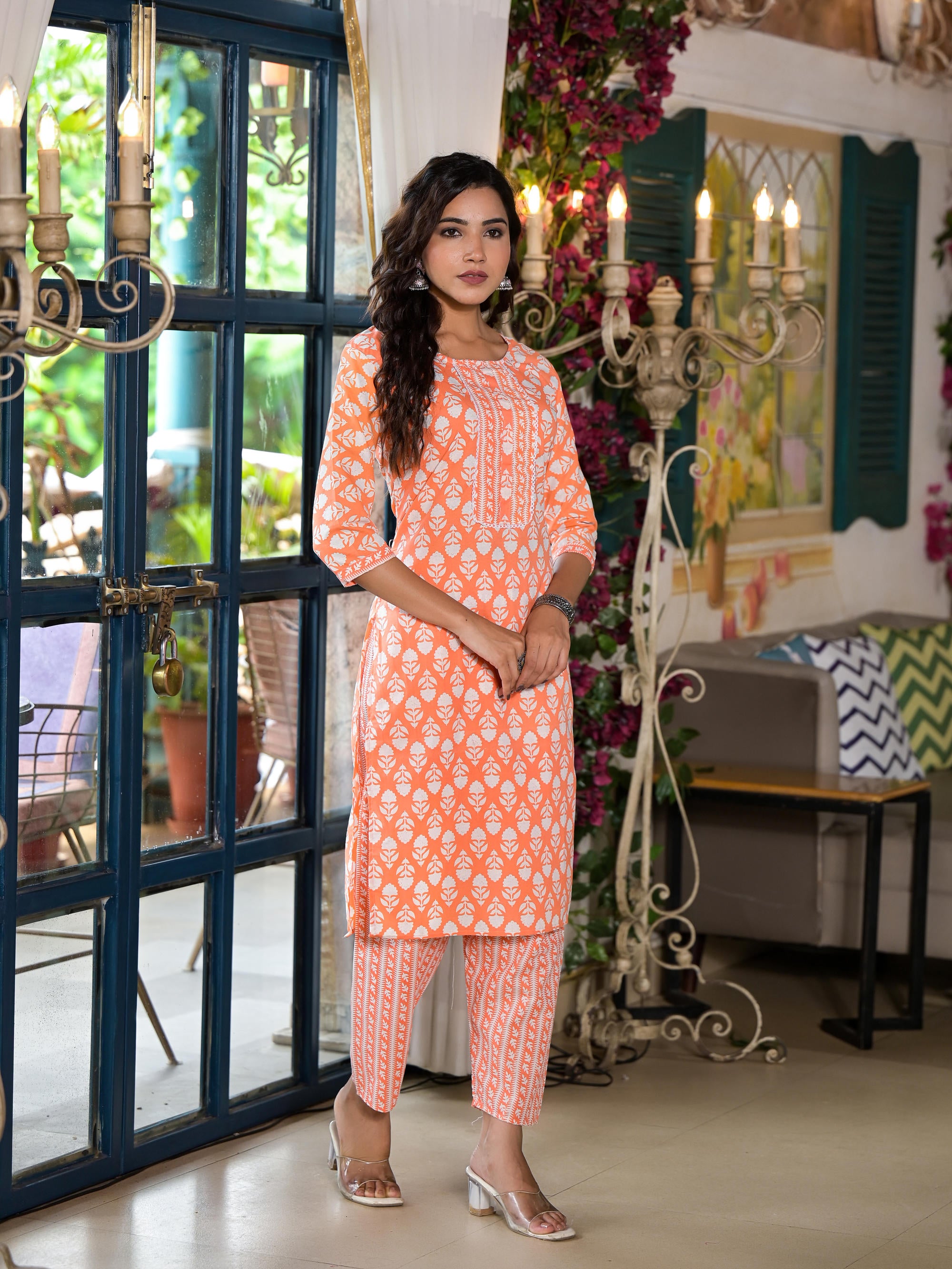 Orange Ethnic Motif Printed Cotton Kurta & Pant Set With Lace