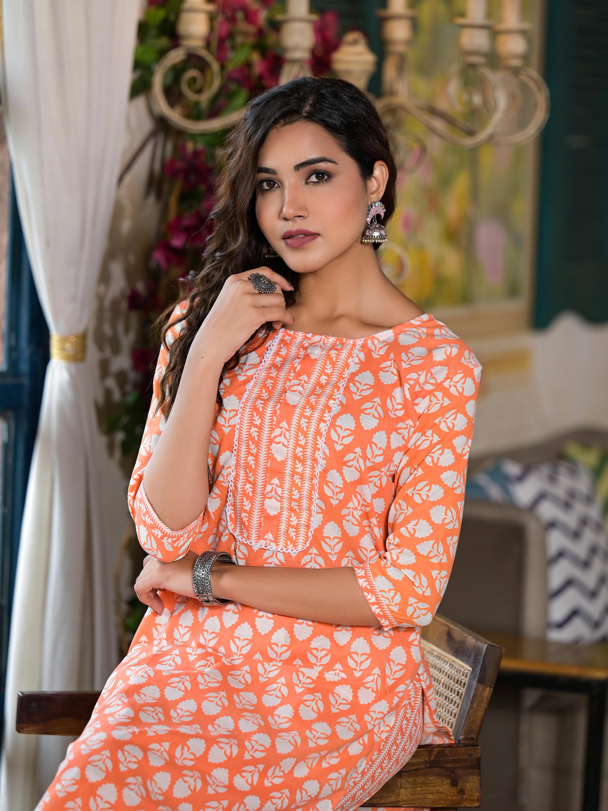 Orange Ethnic Motif Printed Cotton Kurta & Pant Set With Lace