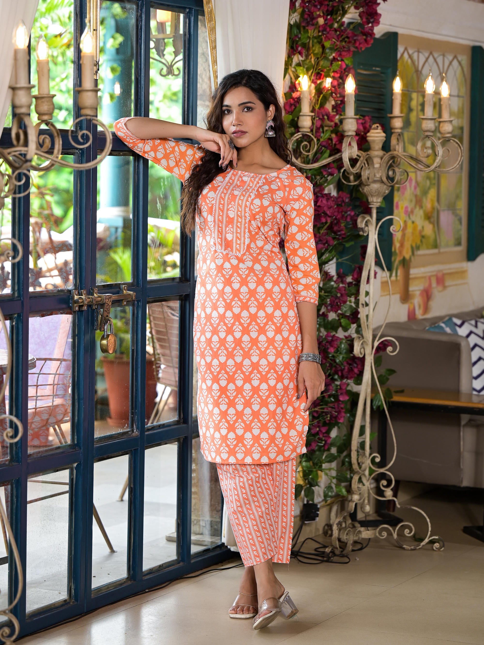 Orange Ethnic Motif Printed Cotton Kurta & Pant Set With Lace