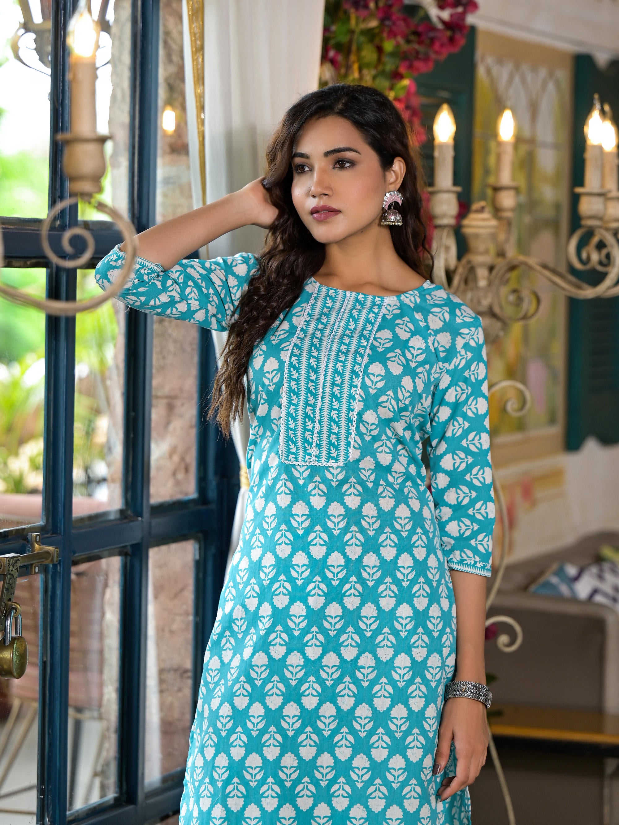 Teal Ethnic Motif Printed Cotton Kurta & Pants Set With Lace