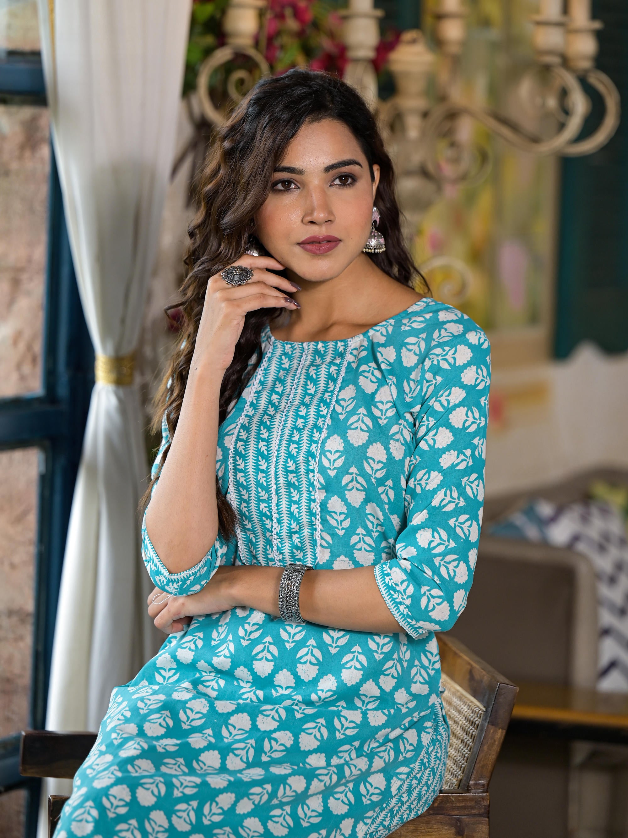 Teal Ethnic Motif Printed Cotton Kurta & Pants Set With Lace