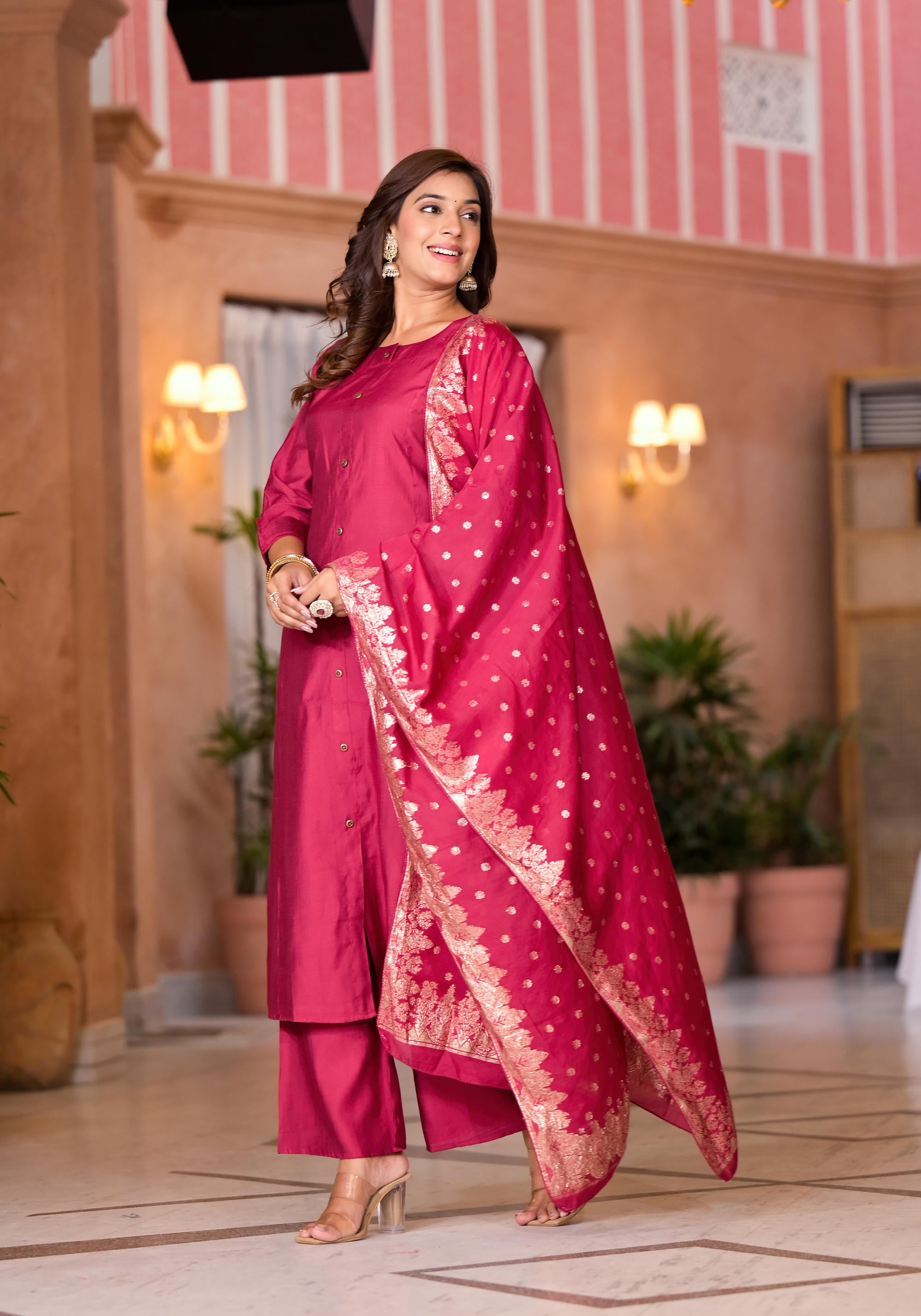 Fuchsia Zari Embroidered Cotton Kurta Pant And Dupatta Set With Button Closure