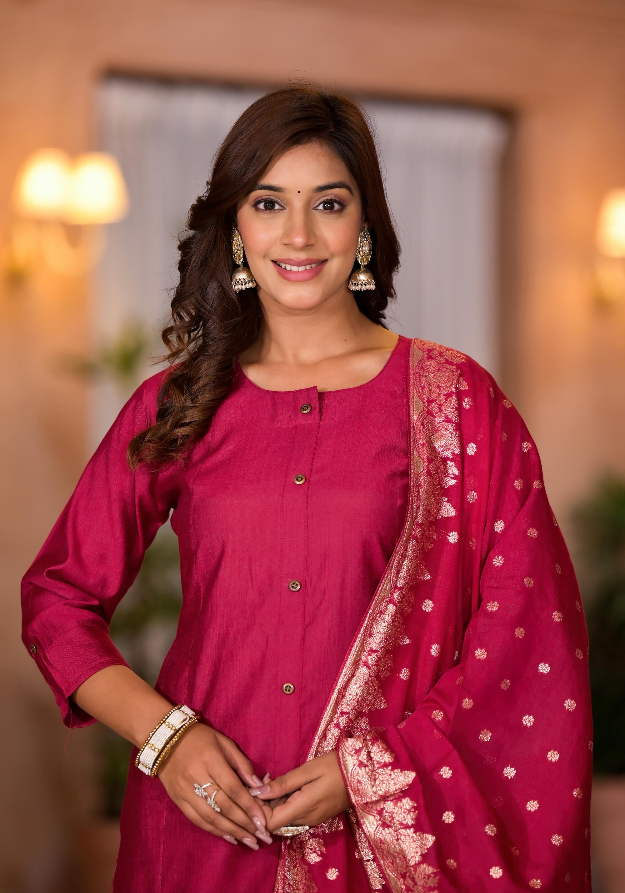 Fuchsia Zari Embroidered Cotton Kurta Pant And Dupatta Set With Button Closure