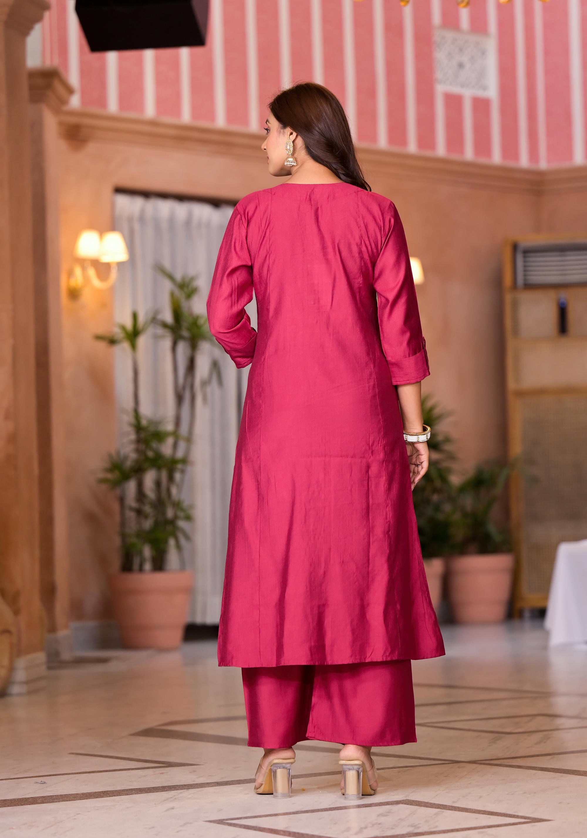 Fuchsia Zari Embroidered Cotton Kurta Pant And Dupatta Set With Button Closure