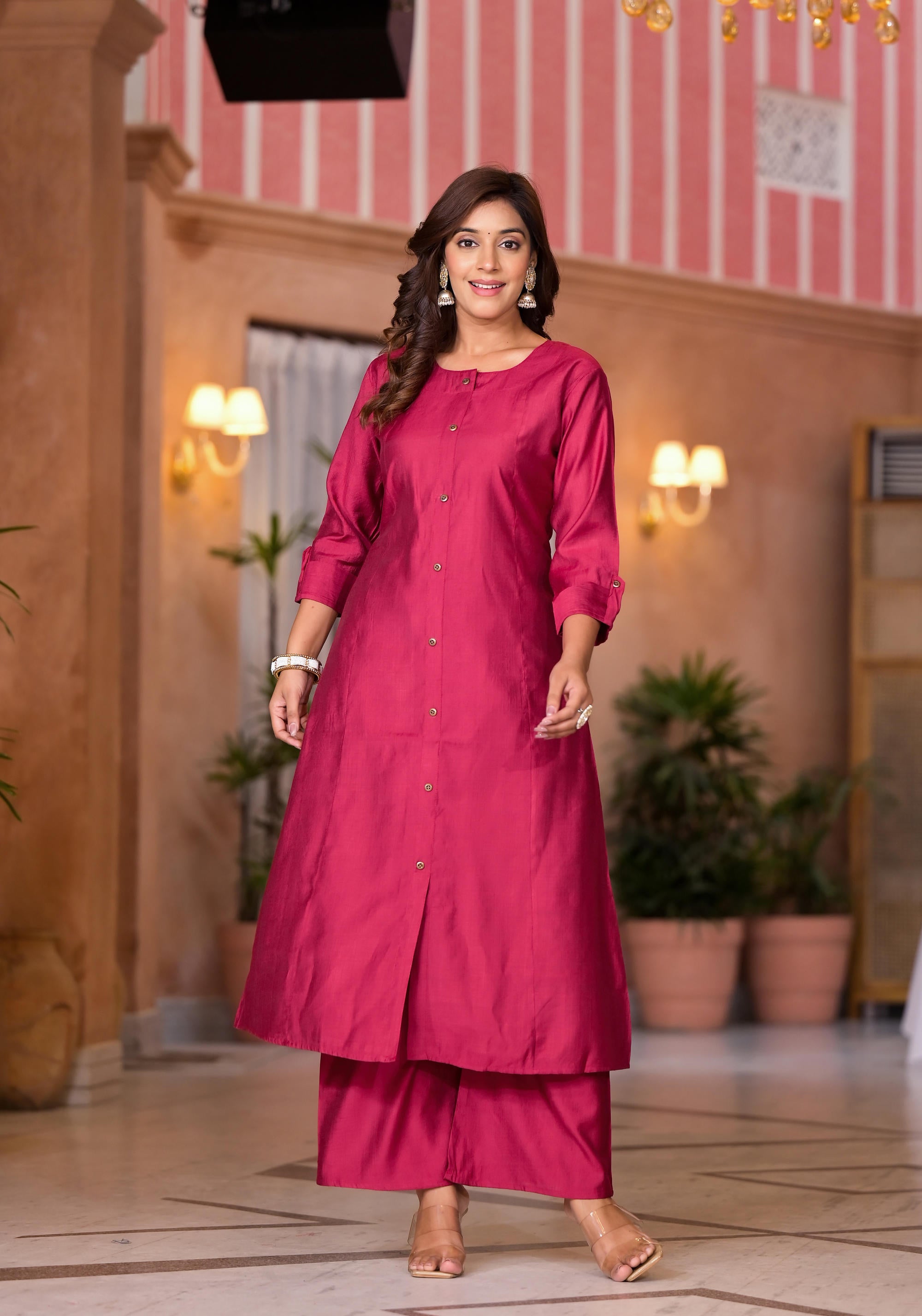 Fuchsia Zari Embroidered Cotton Kurta Pant And Dupatta Set With Button Closure