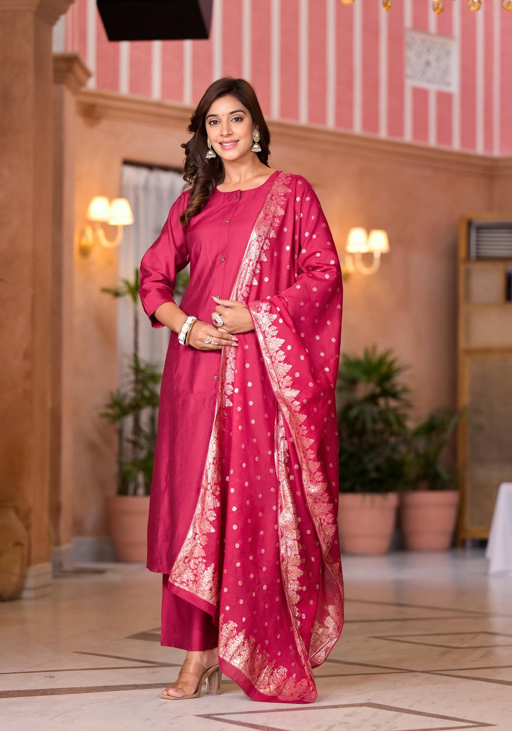 Fuchsia Zari Embroidered Cotton Kurta Pant And Dupatta Set With Button Closure