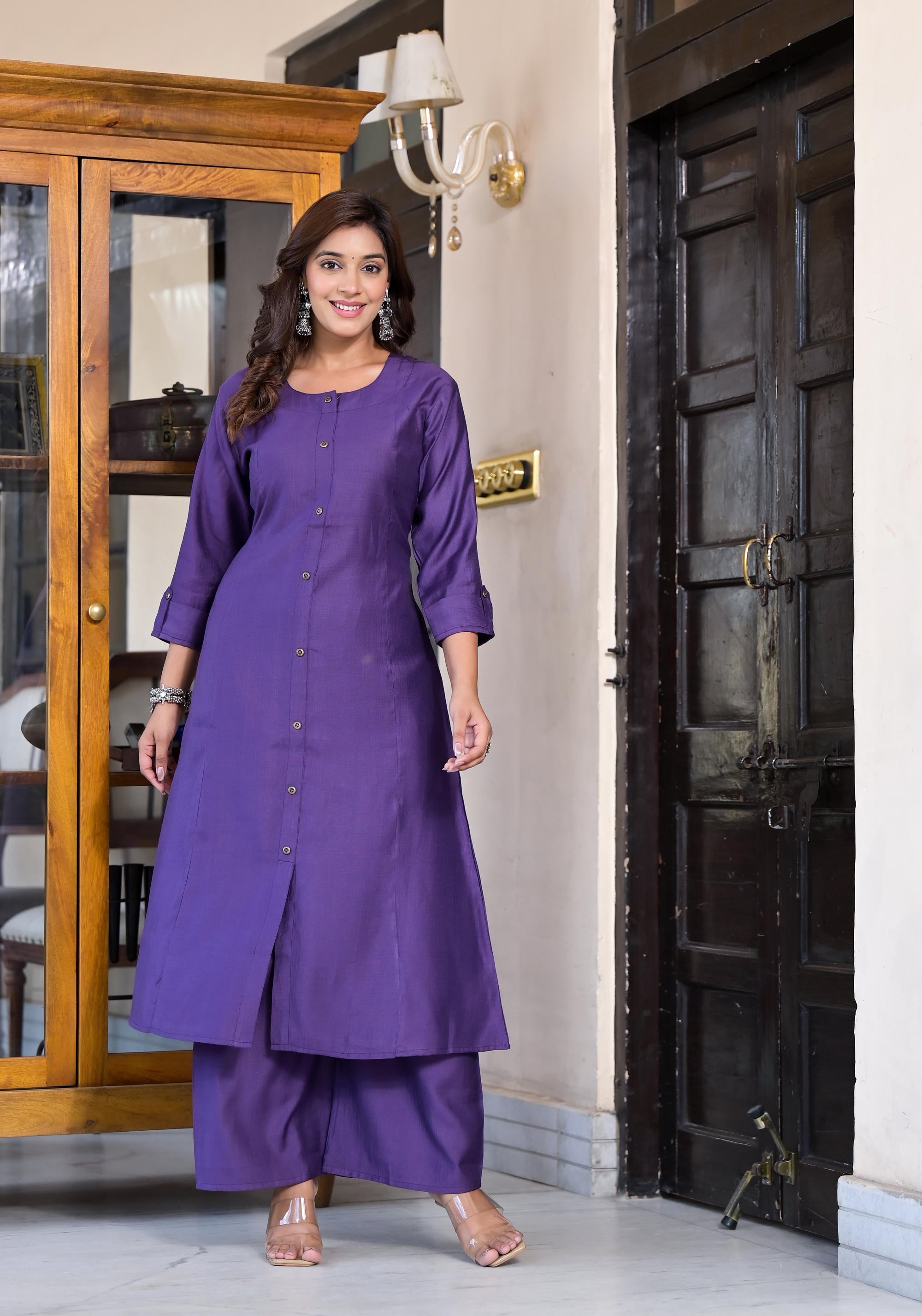 Purple Zari Embroidered Cotton Kurta Pant And Dupatta Set With Button Closure