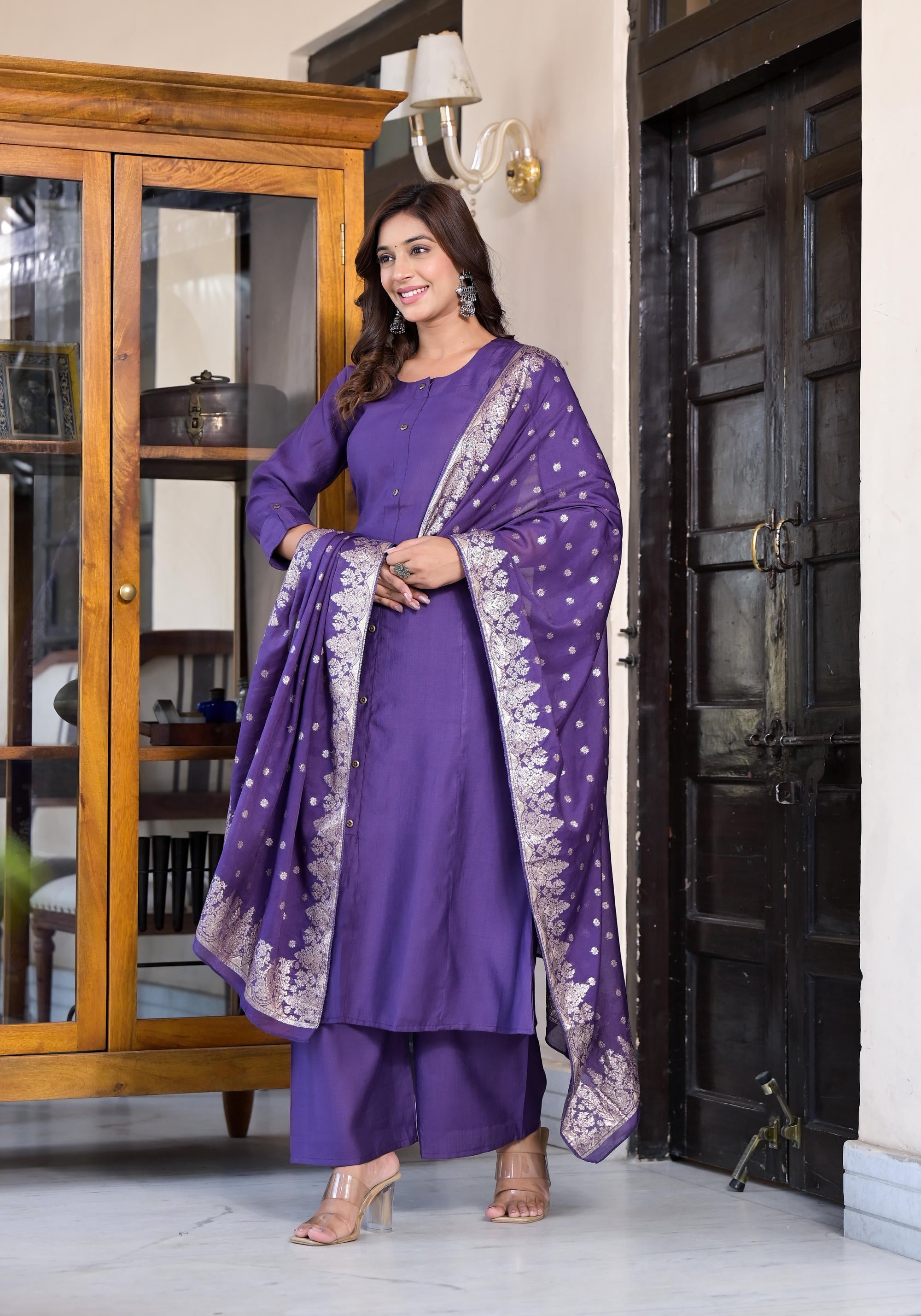 Purple Zari Embroidered Cotton Kurta Pant And Dupatta Set With Button Closure