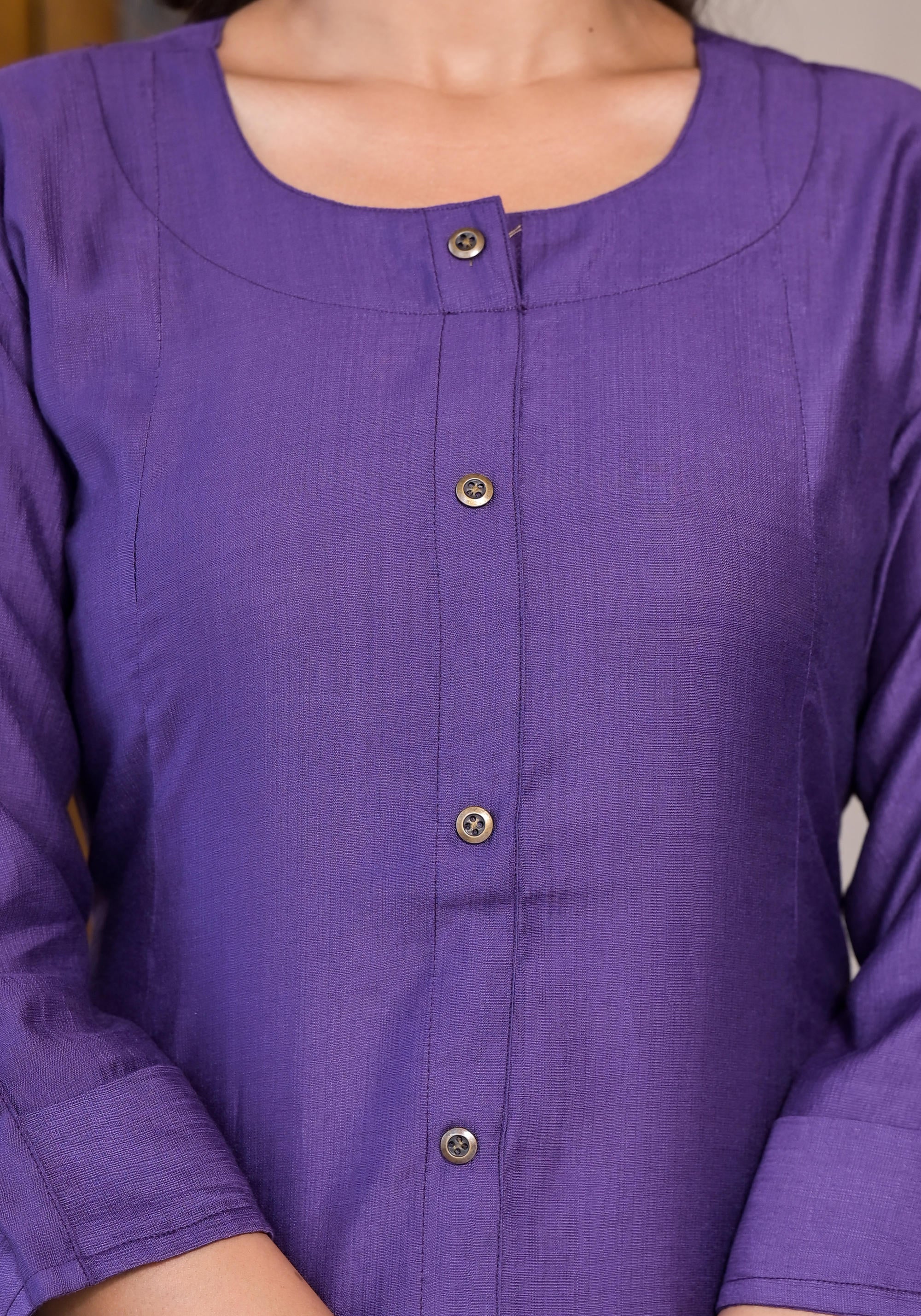 Purple Zari Embroidered Cotton Kurta Pant And Dupatta Set With Button Closure